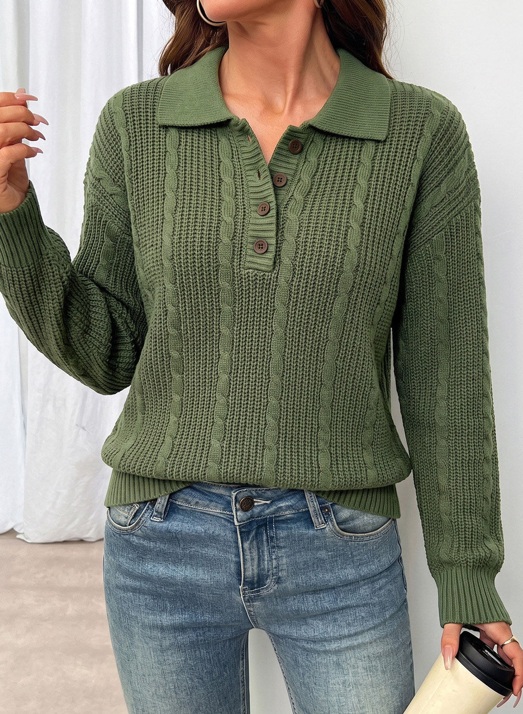 Dokotoo Sweaters for Women Long Sleeve Striped Color Block Button Polo Lapel Collar Cable Knit Casual Pullover Sweater Tops