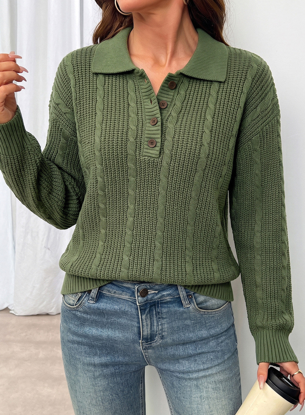 Dokotoo Sweaters for Women Long Sleeve Striped Color Block Button Polo Lapel Collar Cable Knit Casual Pullover Sweater Tops