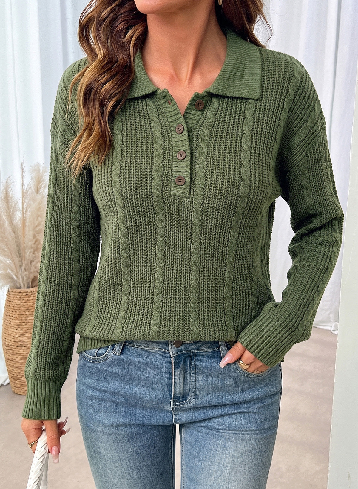 Dokotoo Sweaters for Women Long Sleeve Striped Color Block Button Polo Lapel Collar Cable Knit Casual Pullover Sweater Tops