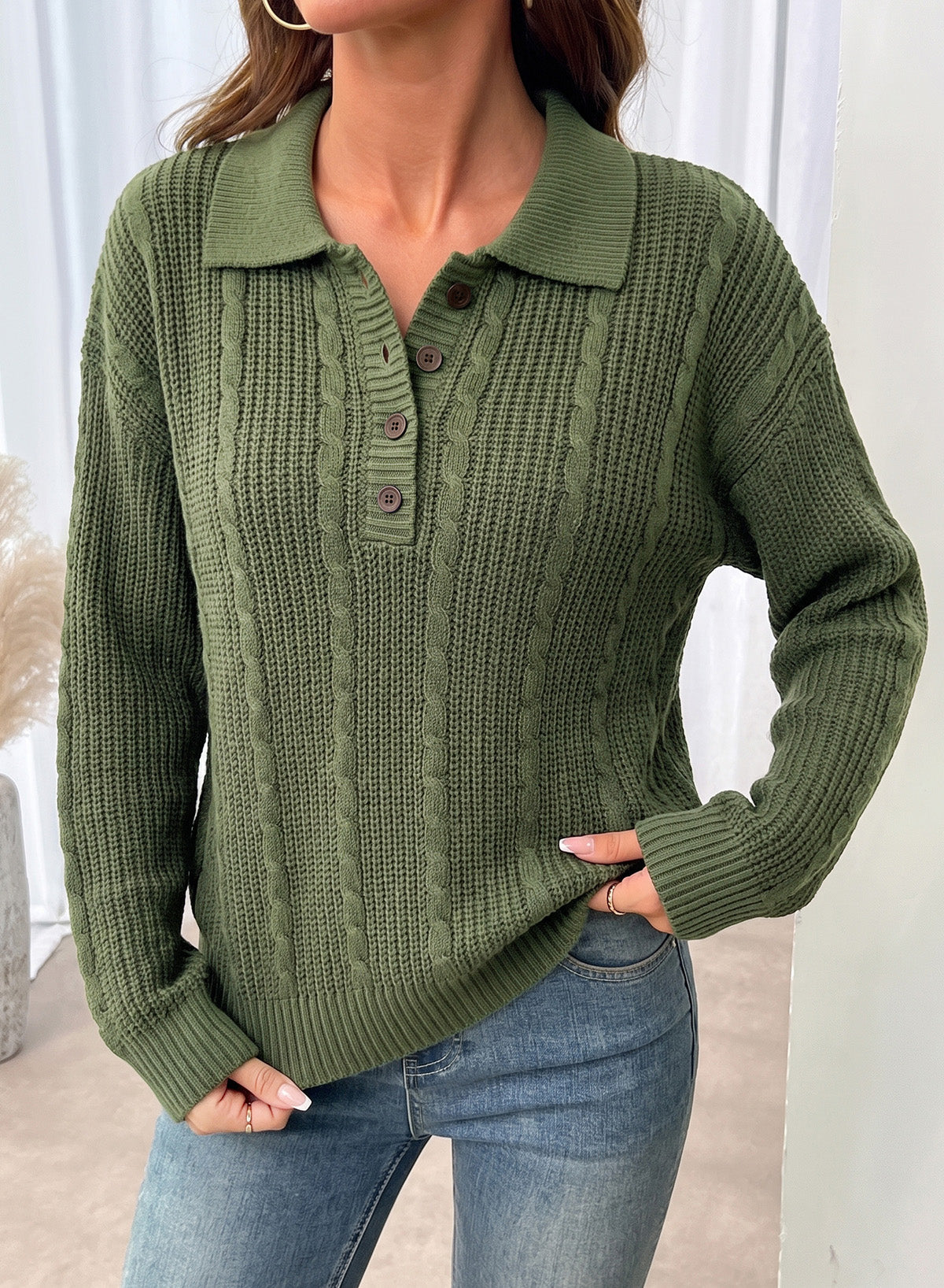 Dokotoo Sweaters for Women Long Sleeve Striped Color Block Button Polo Lapel Collar Cable Knit Casual Pullover Sweater Tops