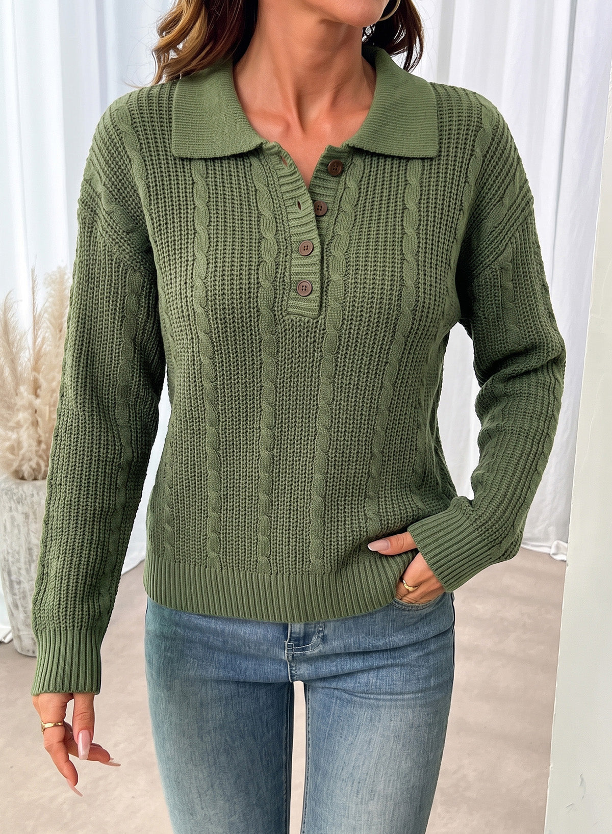 Dokotoo Sweaters for Women Long Sleeve Striped Color Block Button Polo Lapel Collar Cable Knit Casual Pullover Sweater Tops