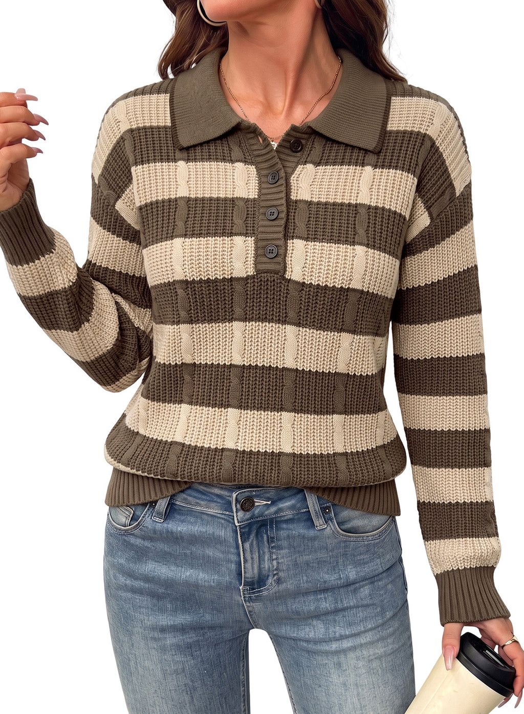 Dokotoo Sweaters for Women Long Sleeve Striped Color Block Button Polo Lapel Collar Cable Knit Casual Pullover Sweater Tops