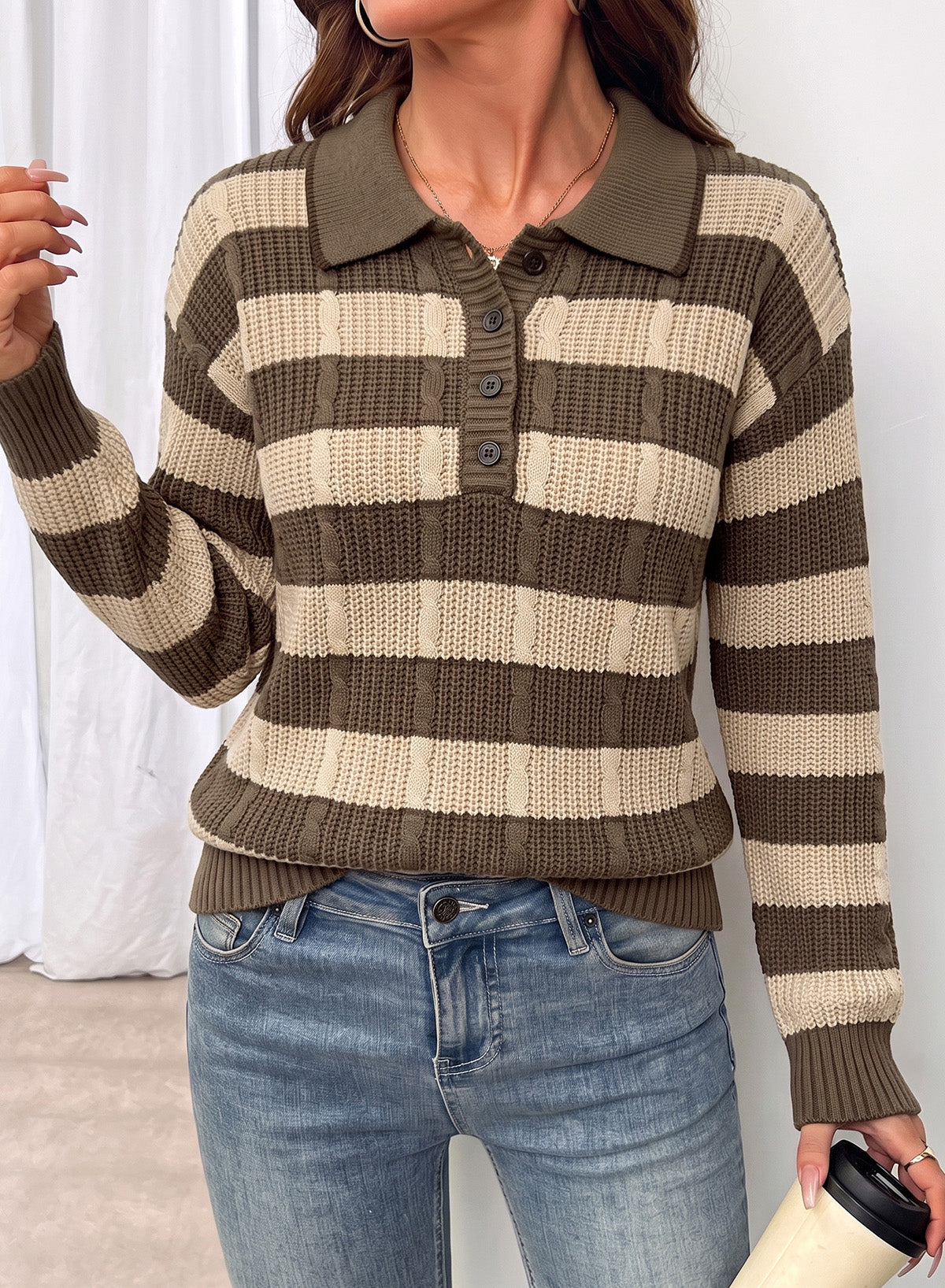 Dokotoo Sweaters for Women Long Sleeve Striped Color Block Button Polo Lapel Collar Cable Knit Casual Pullover Sweater Tops