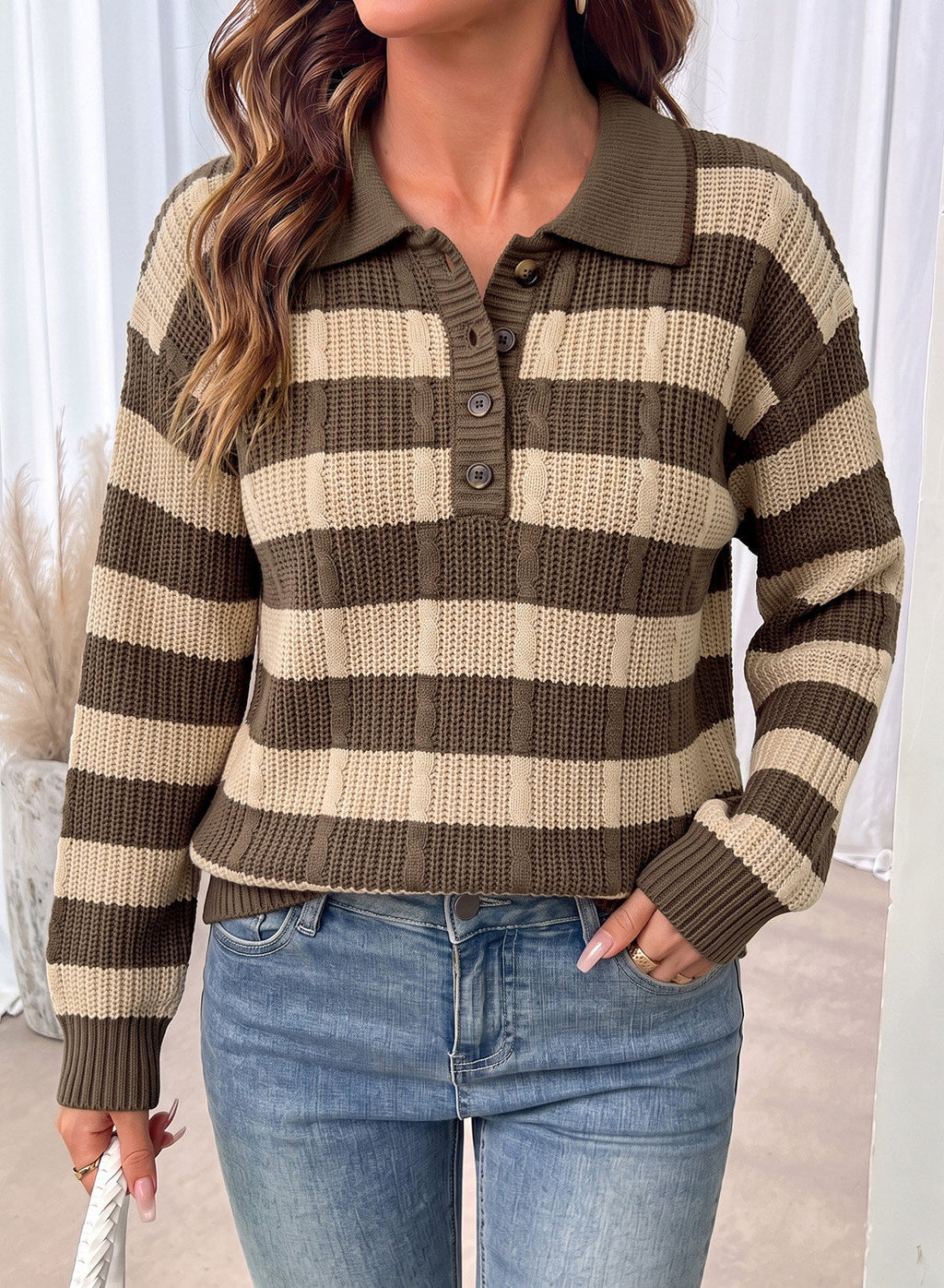 Dokotoo Sweaters for Women Long Sleeve Striped Color Block Button Polo Lapel Collar Cable Knit Casual Pullover Sweater Tops