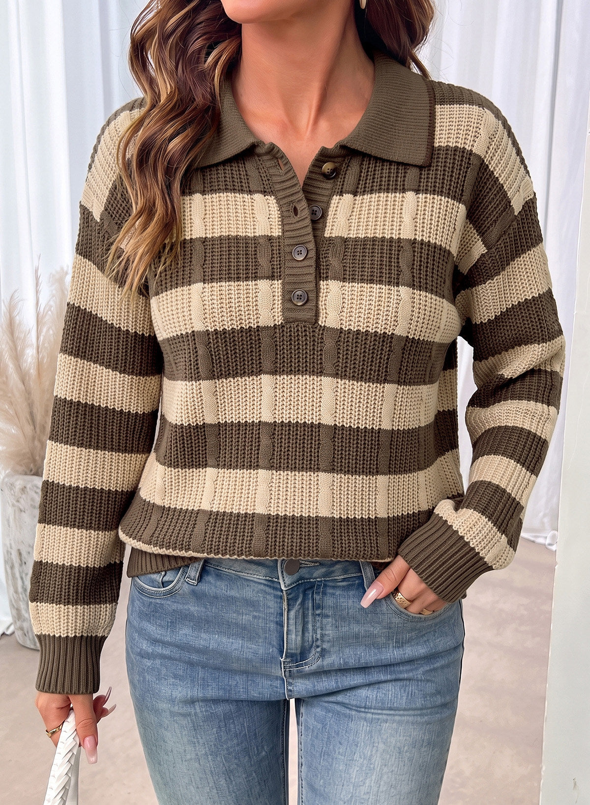 Dokotoo Sweaters for Women Long Sleeve Striped Color Block Button Polo Lapel Collar Cable Knit Casual Pullover Sweater Tops