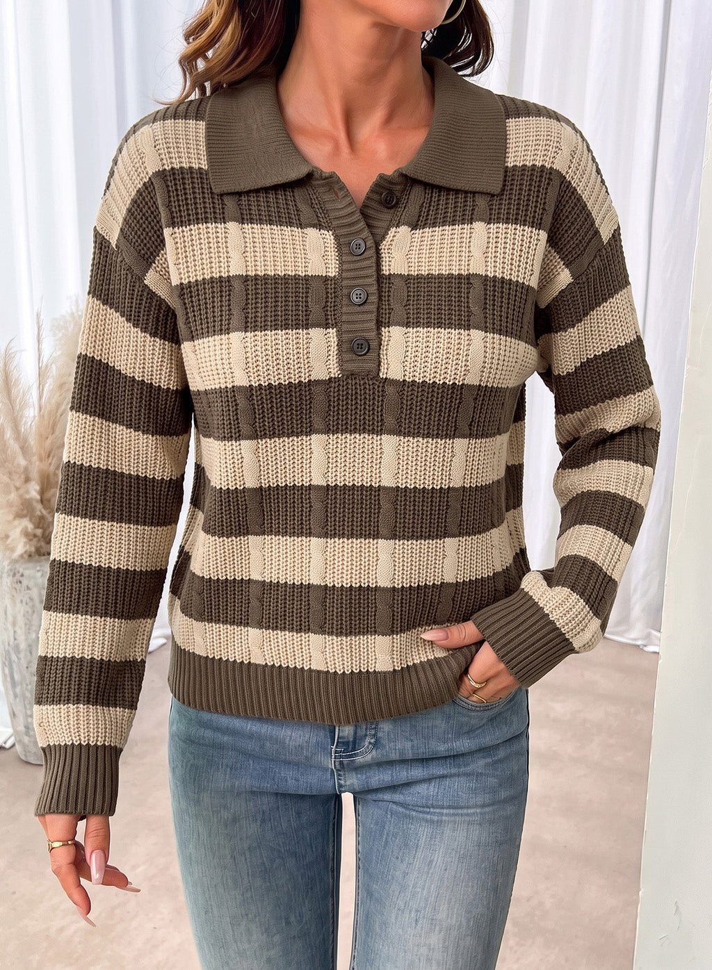 Dokotoo Sweaters for Women Long Sleeve Striped Color Block Button Polo Lapel Collar Cable Knit Casual Pullover Sweater Tops