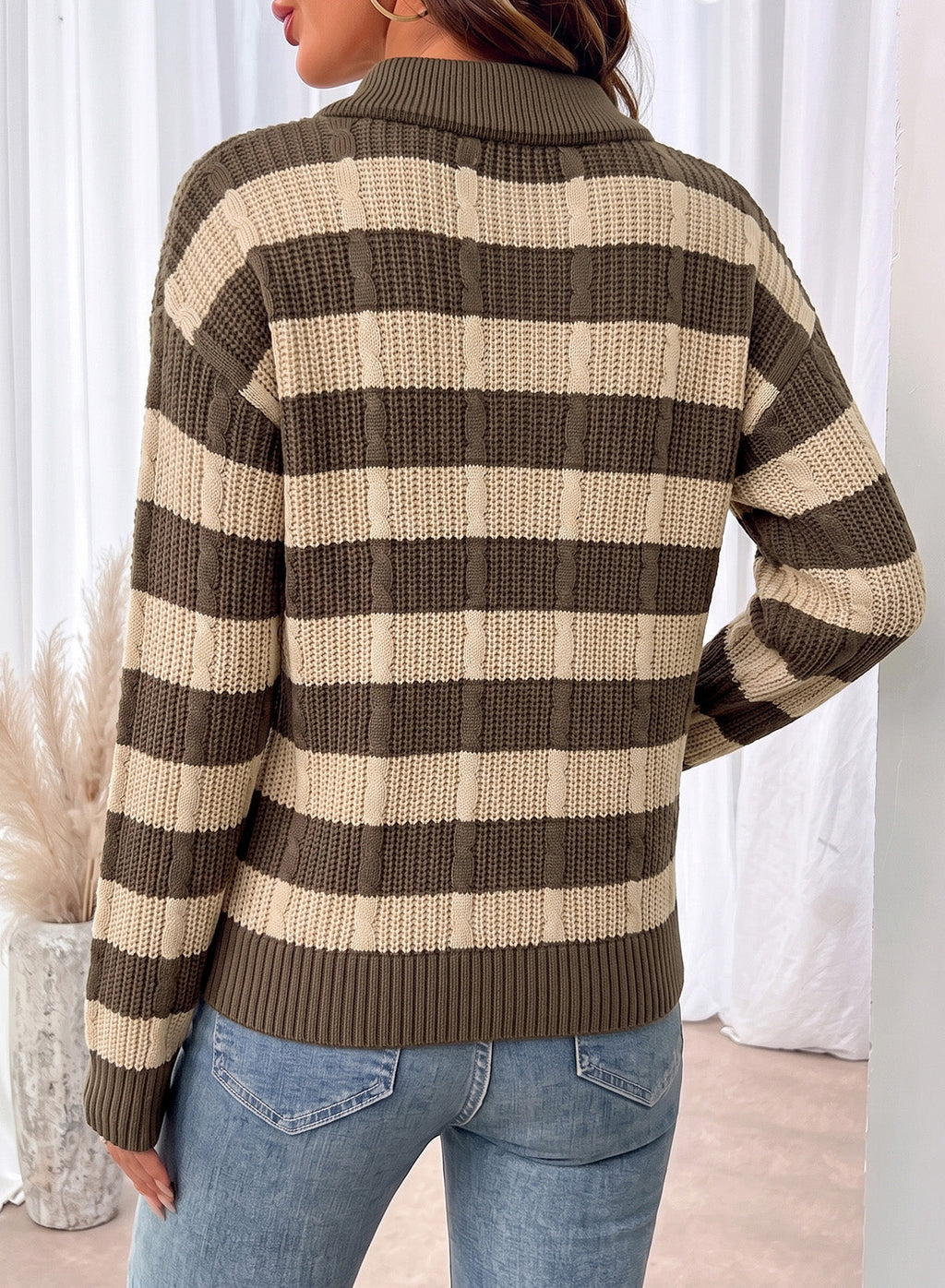 Dokotoo Sweaters for Women Long Sleeve Striped Color Block Button Polo Lapel Collar Cable Knit Casual Pullover Sweater Tops