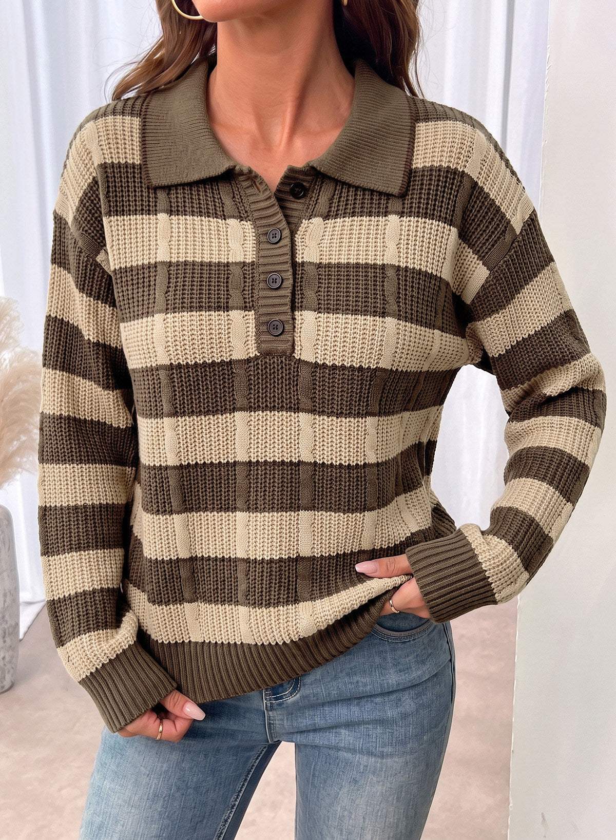 Dokotoo Sweaters for Women Long Sleeve Striped Color Block Button Polo Lapel Collar Cable Knit Casual Pullover Sweater Tops
