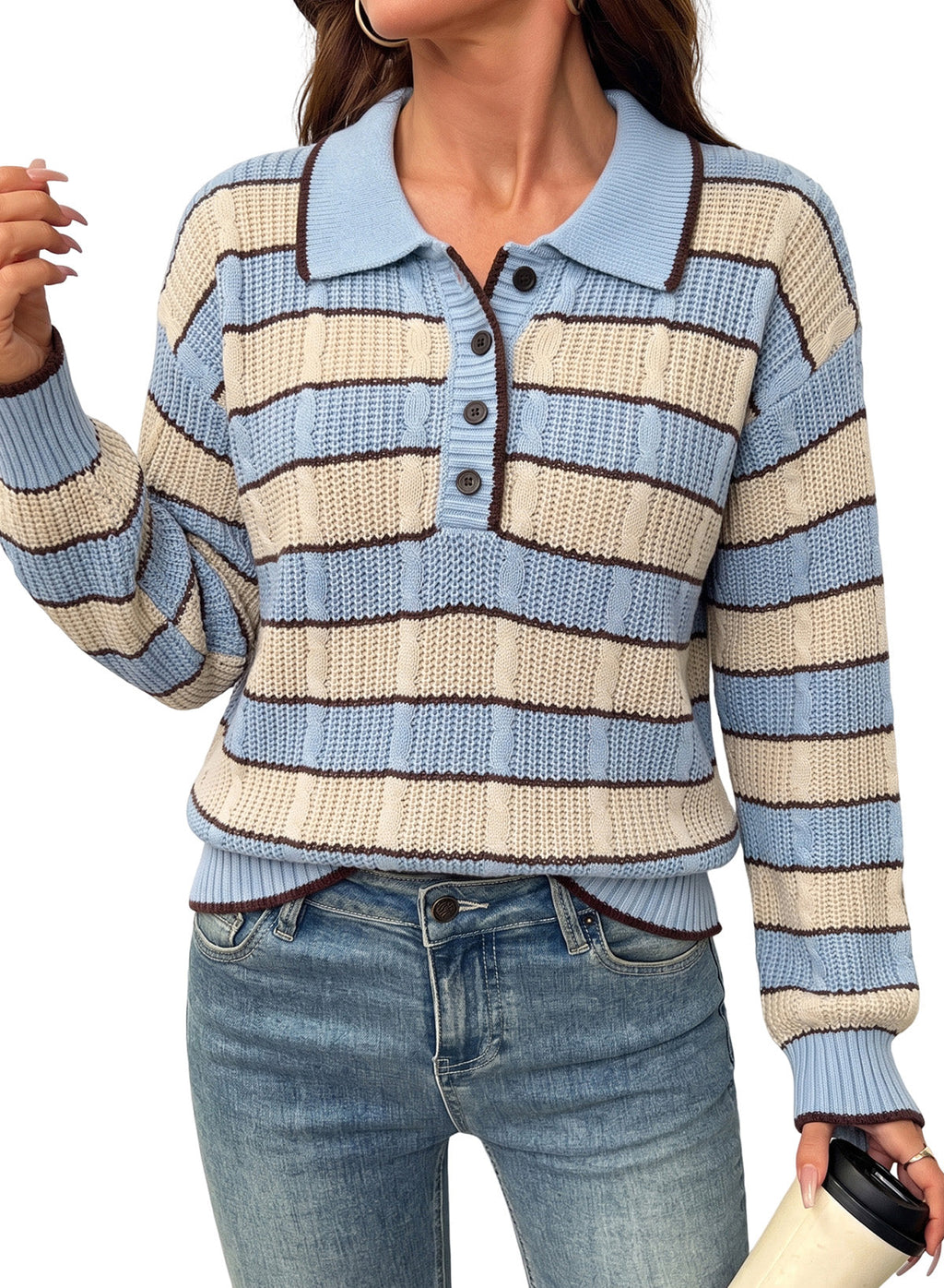Dokotoo Sweaters for Women Long Sleeve Striped Color Block Button Polo Lapel Collar Cable Knit Casual Pullover Sweater Tops