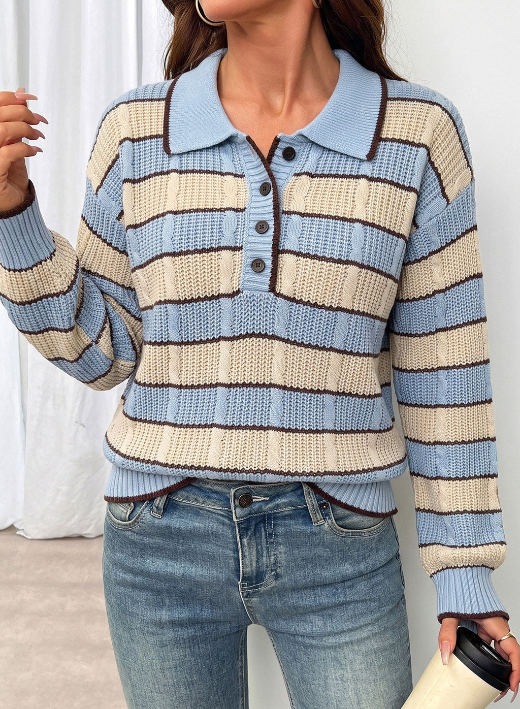 Dokotoo Sweaters for Women Long Sleeve Striped Color Block Button Polo Lapel Collar Cable Knit Casual Pullover Sweater Tops