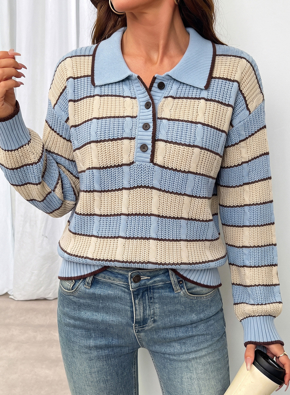Dokotoo Sweaters for Women Long Sleeve Striped Color Block Button Polo Lapel Collar Cable Knit Casual Pullover Sweater Tops