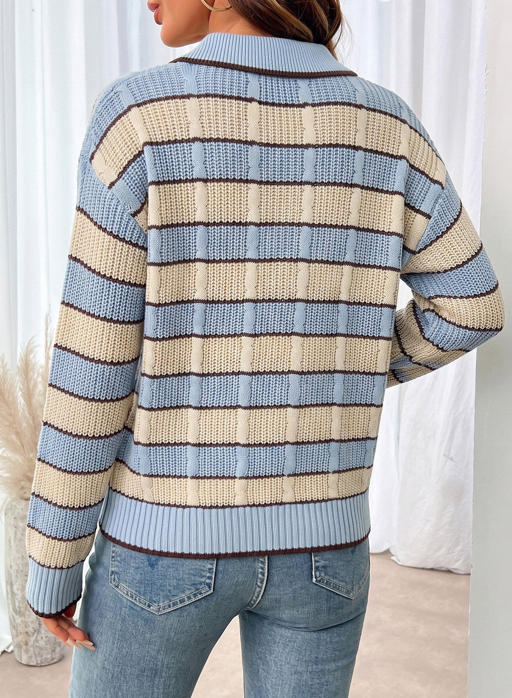 Dokotoo Sweaters for Women Long Sleeve Striped Color Block Button Polo Lapel Collar Cable Knit Casual Pullover Sweater Tops