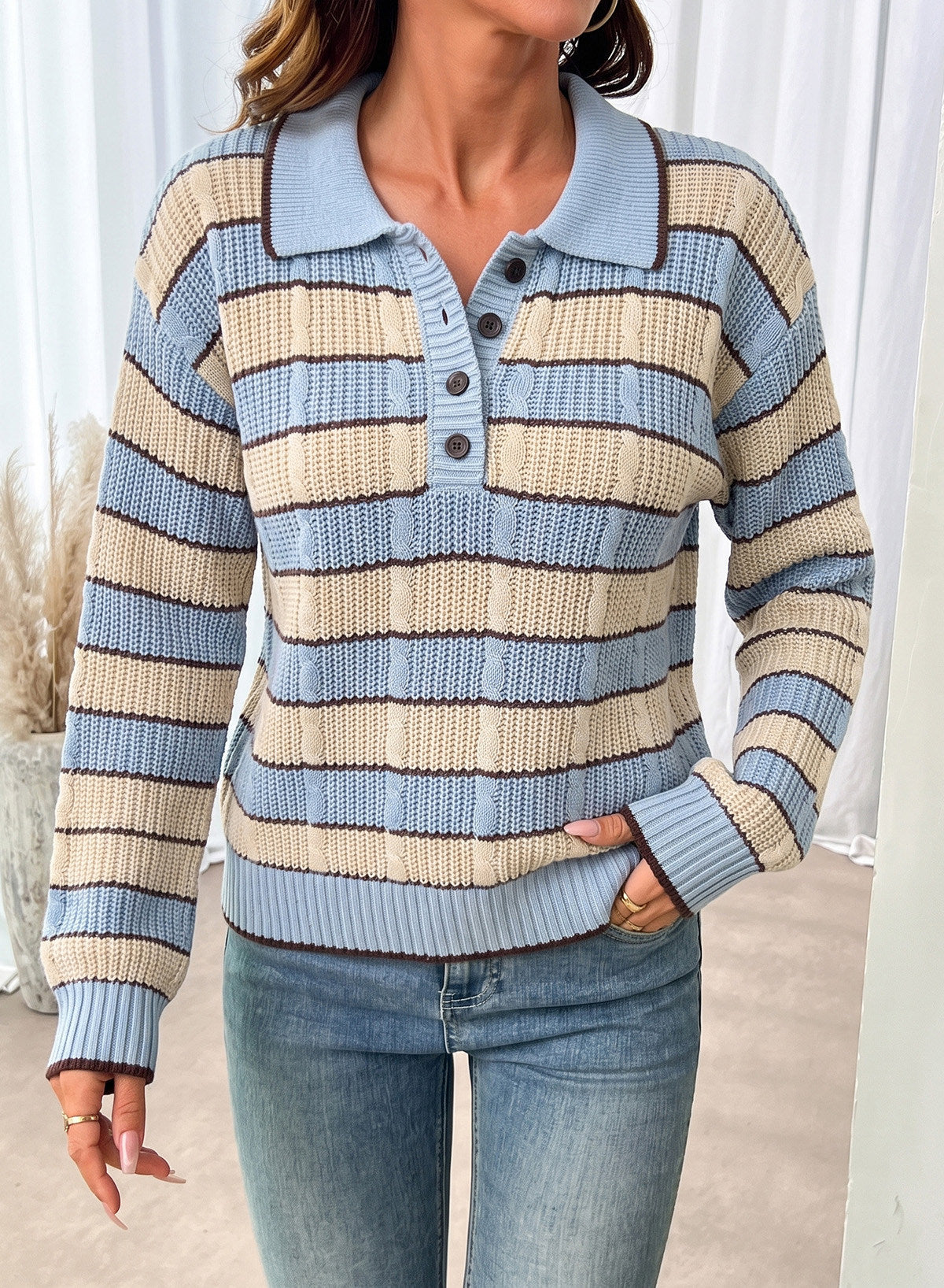 Dokotoo Sweaters for Women Long Sleeve Striped Color Block Button Polo Lapel Collar Cable Knit Casual Pullover Sweater Tops