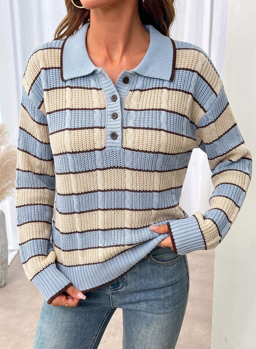 Dokotoo Sweaters for Women Long Sleeve Striped Color Block Button Polo Lapel Collar Cable Knit Casual Pullover Sweater Tops
