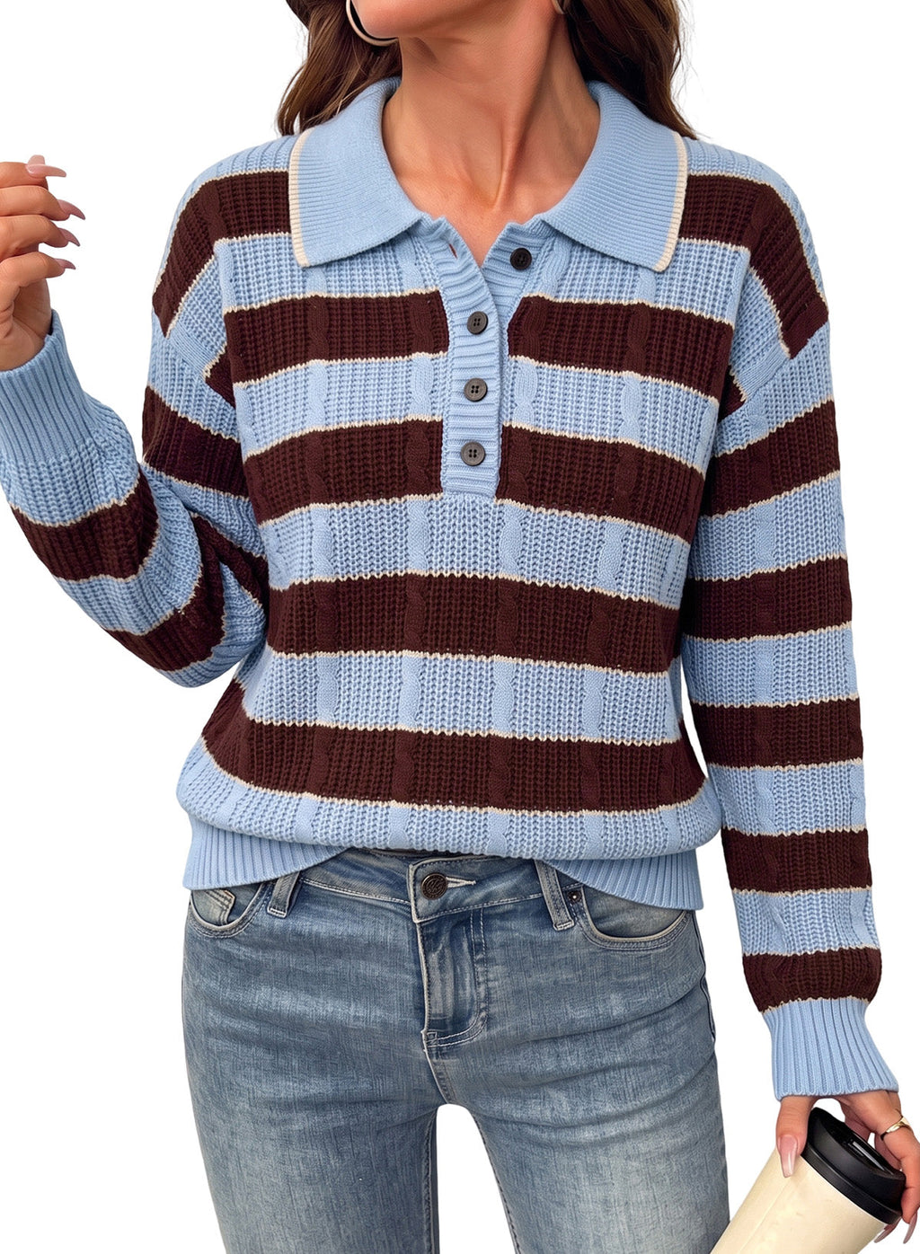 Dokotoo Sweaters for Women Long Sleeve Striped Color Block Button Polo Lapel Collar Cable Knit Casual Pullover Sweater Tops