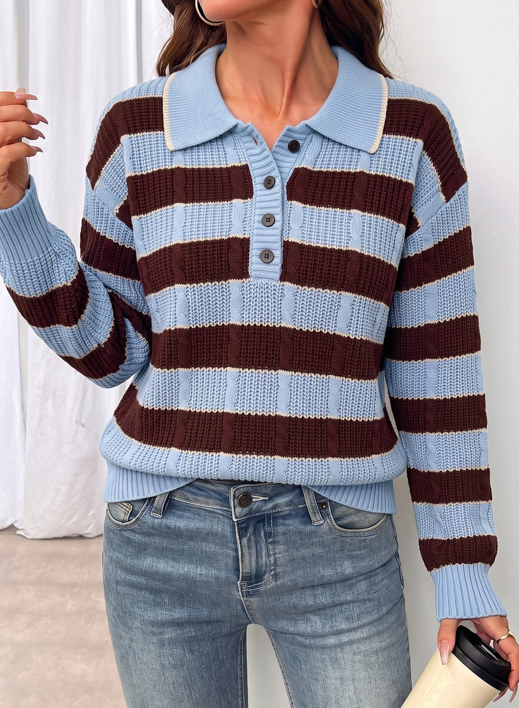 Dokotoo Sweaters for Women Long Sleeve Striped Color Block Button Polo Lapel Collar Cable Knit Casual Pullover Sweater Tops