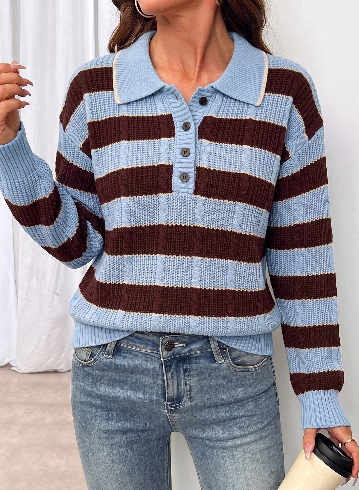 Dokotoo Sweaters for Women Long Sleeve Striped Color Block Button Polo Lapel Collar Cable Knit Casual Pullover Sweater Tops