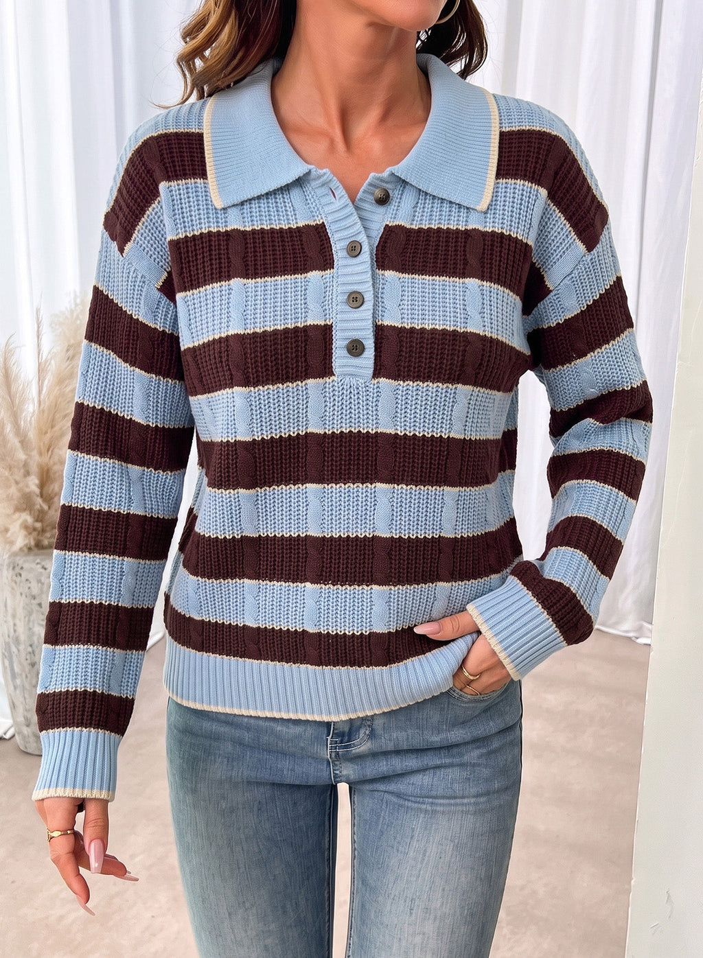 Dokotoo Sweaters for Women Long Sleeve Striped Color Block Button Polo Lapel Collar Cable Knit Casual Pullover Sweater Tops