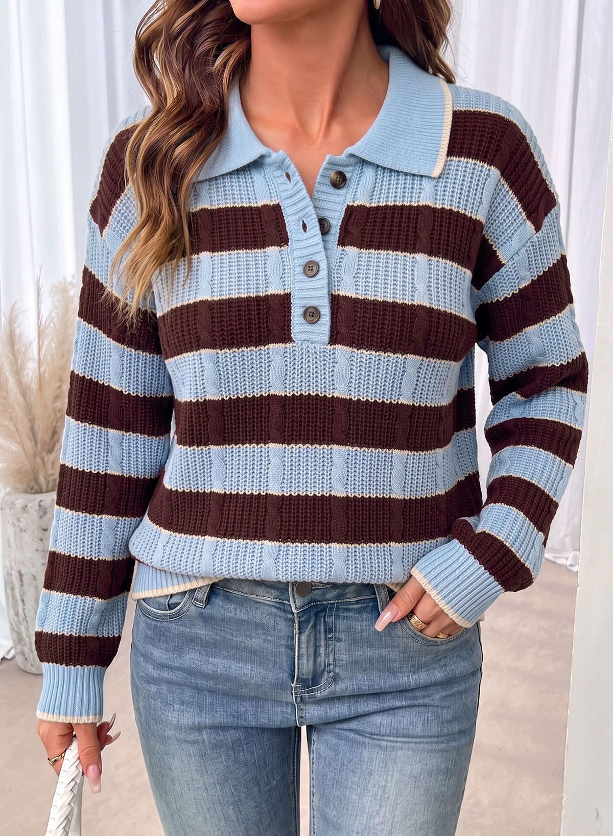 Dokotoo Sweaters for Women Long Sleeve Striped Color Block Button Polo Lapel Collar Cable Knit Casual Pullover Sweater Tops