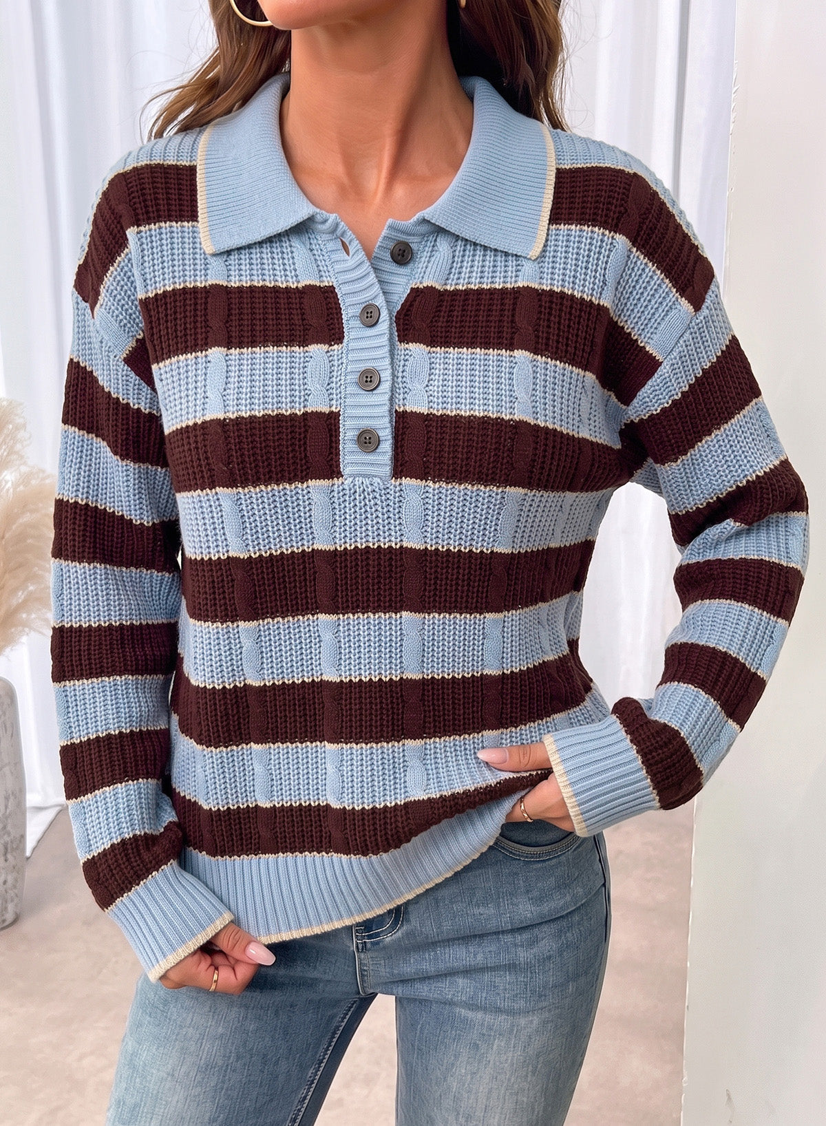 Dokotoo Sweaters for Women Long Sleeve Striped Color Block Button Polo Lapel Collar Cable Knit Casual Pullover Sweater Tops
