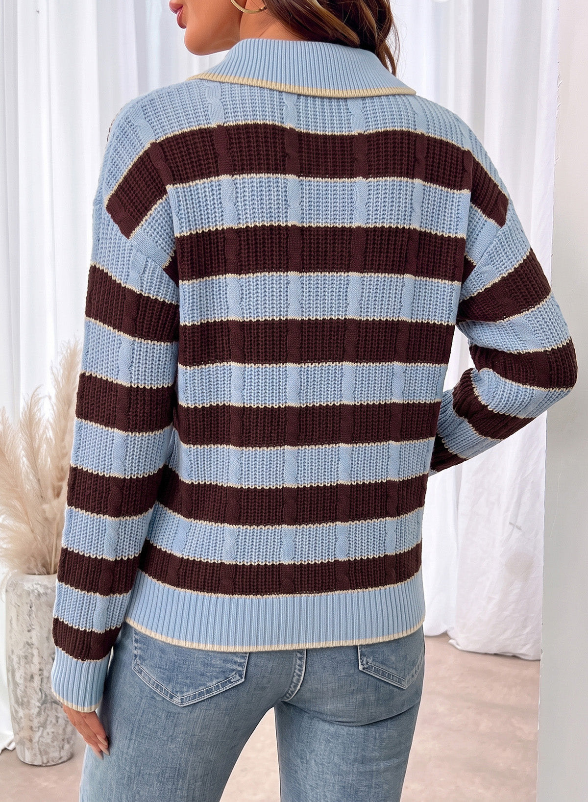 Dokotoo Sweaters for Women Long Sleeve Striped Color Block Button Polo Lapel Collar Cable Knit Casual Pullover Sweater Tops