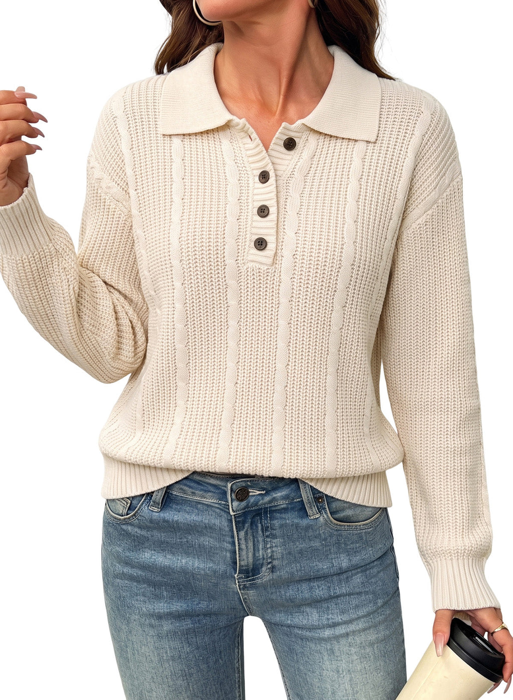 Dokotoo Sweaters for Women Long Sleeve Striped Color Block Button Polo Lapel Collar Cable Knit Casual Pullover Sweater Tops