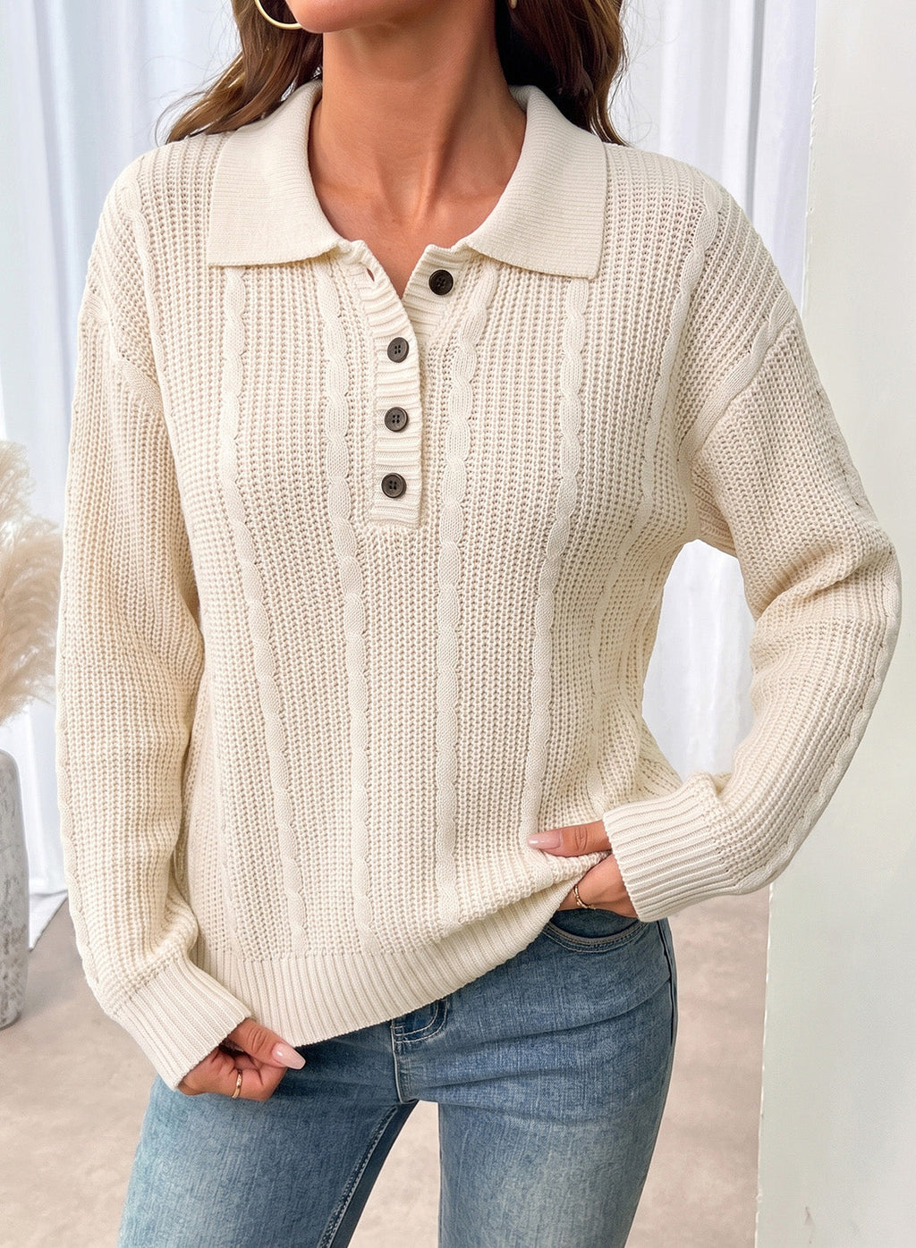 Dokotoo Sweaters for Women Long Sleeve Striped Color Block Button Polo Lapel Collar Cable Knit Casual Pullover Sweater Tops