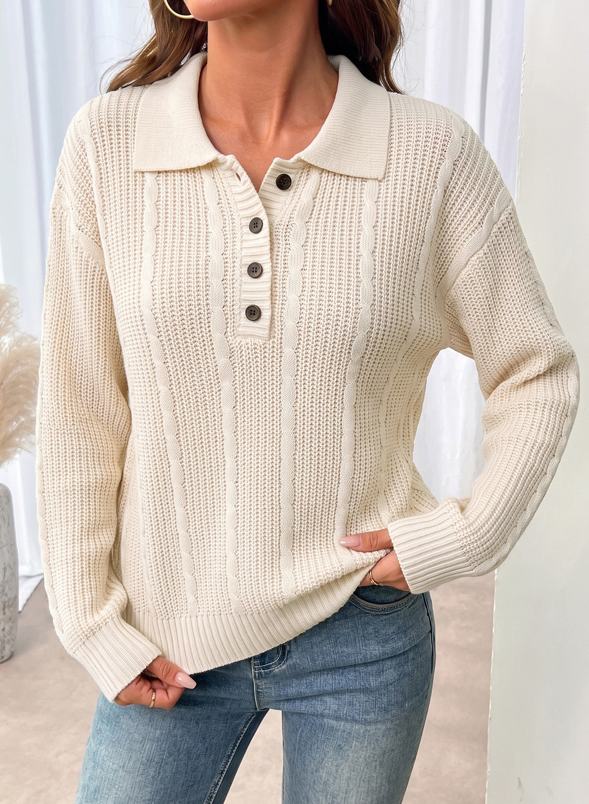 Dokotoo Sweaters for Women Long Sleeve Striped Color Block Button Polo Lapel Collar Cable Knit Casual Pullover Sweater Tops