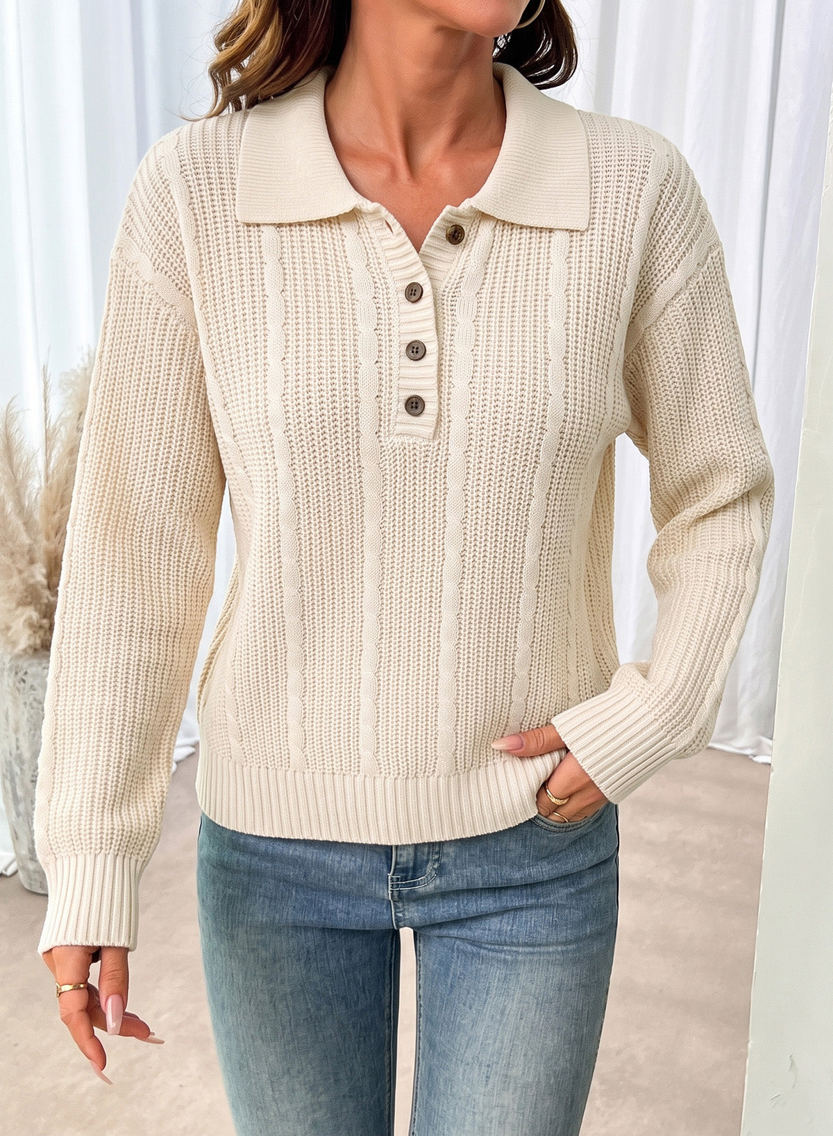 Dokotoo Sweaters for Women Long Sleeve Striped Color Block Button Polo Lapel Collar Cable Knit Casual Pullover Sweater Tops