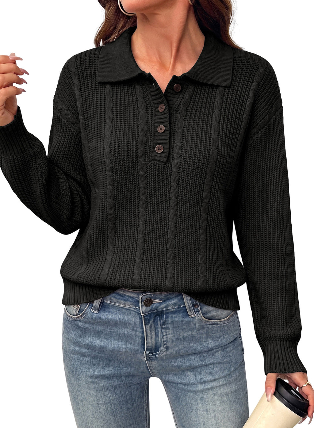 Dokotoo Sweaters for Women Long Sleeve Striped Color Block Button Polo Lapel Collar Cable Knit Casual Pullover Sweater Tops