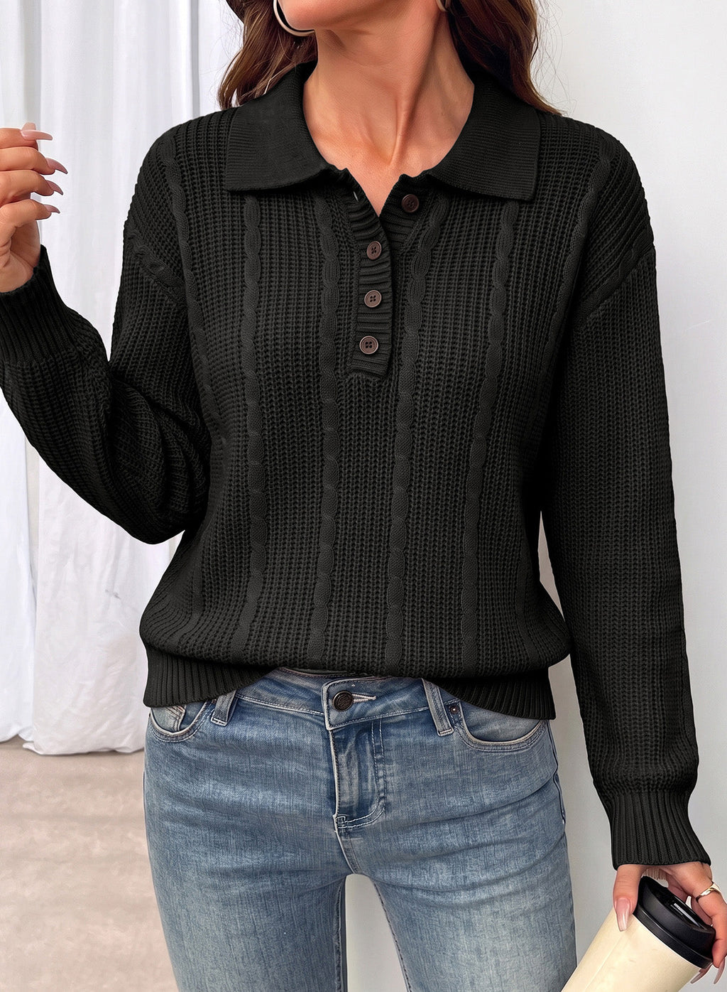 Dokotoo Sweaters for Women Long Sleeve Striped Color Block Button Polo Lapel Collar Cable Knit Casual Pullover Sweater Tops