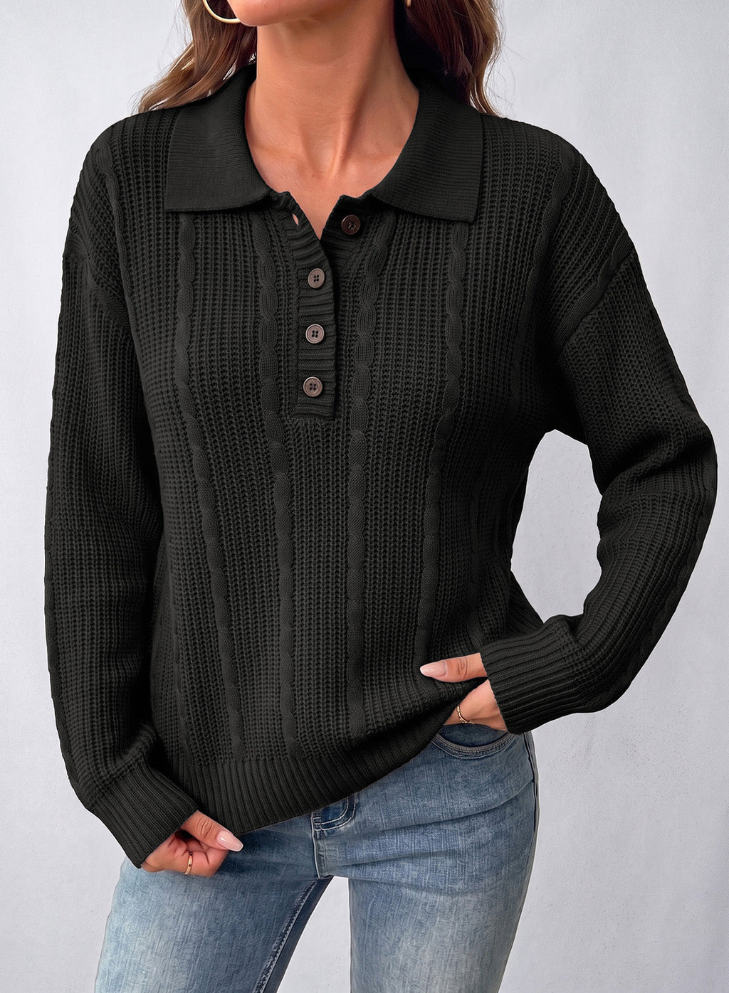 Dokotoo Sweaters for Women Long Sleeve Striped Color Block Button Polo Lapel Collar Cable Knit Casual Pullover Sweater Tops