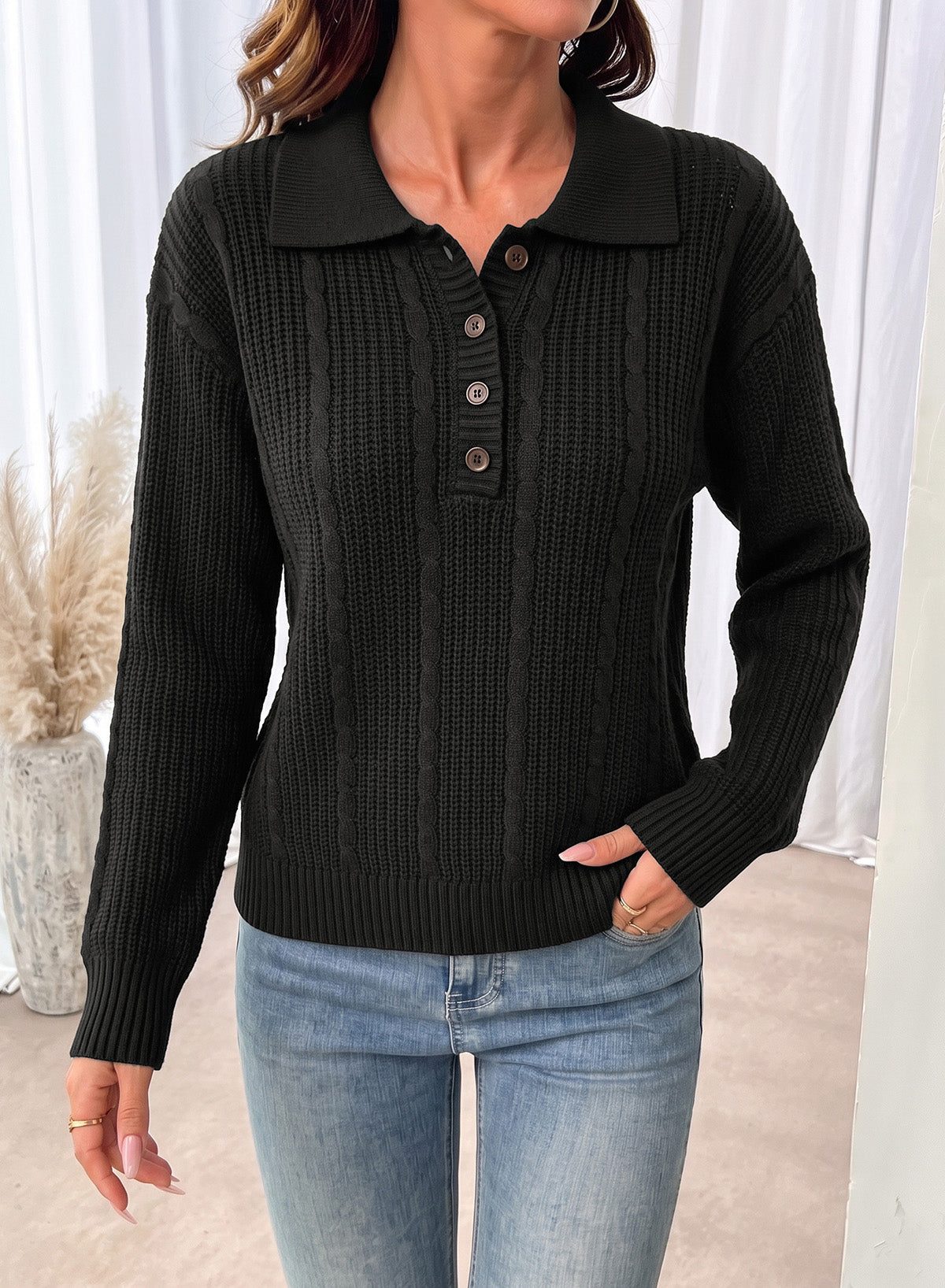Dokotoo Sweaters for Women Long Sleeve Striped Color Block Button Polo Lapel Collar Cable Knit Casual Pullover Sweater Tops