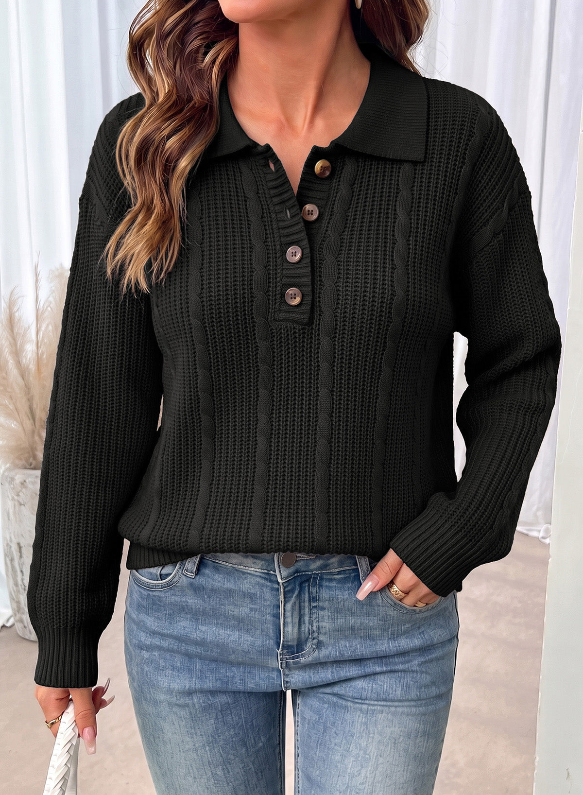 Dokotoo Sweaters for Women Long Sleeve Striped Color Block Button Polo Lapel Collar Cable Knit Casual Pullover Sweater Tops