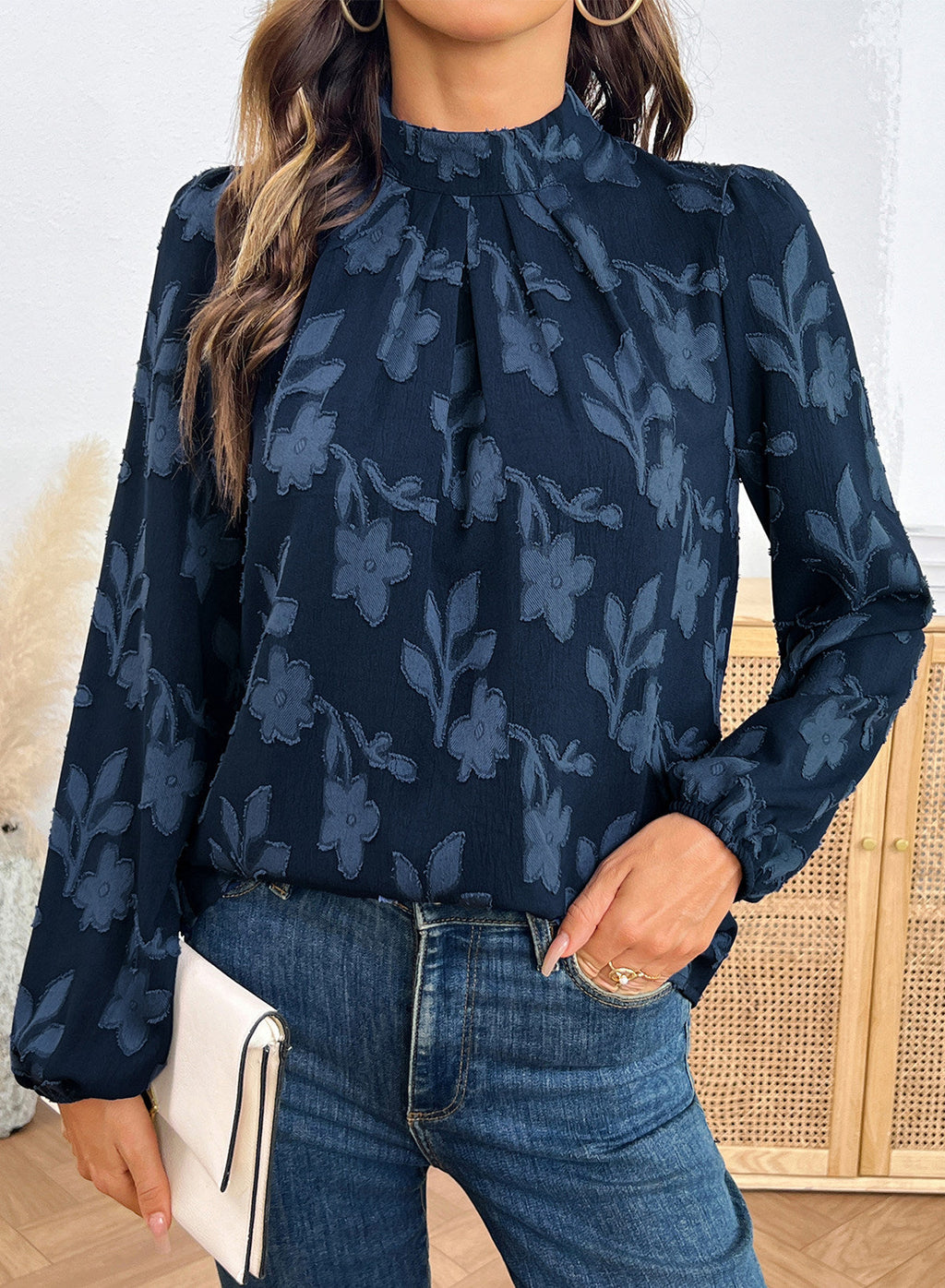 Dokotoo Womens Tops Mock Neck Pleated Floral Burnout Long Sleeve Shirts