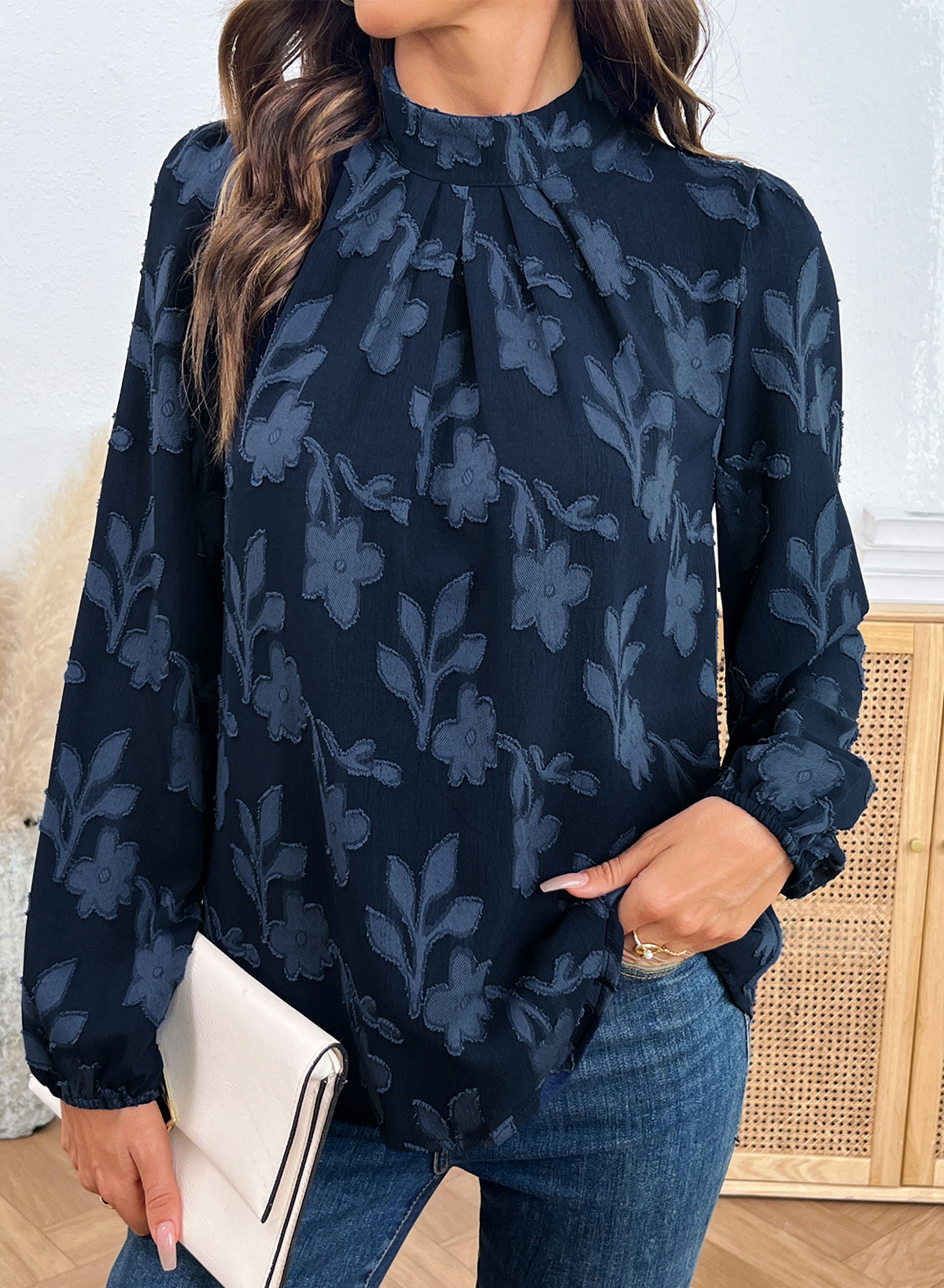 Dokotoo Womens Tops Mock Neck Pleated Floral Burnout Long Sleeve Shirts