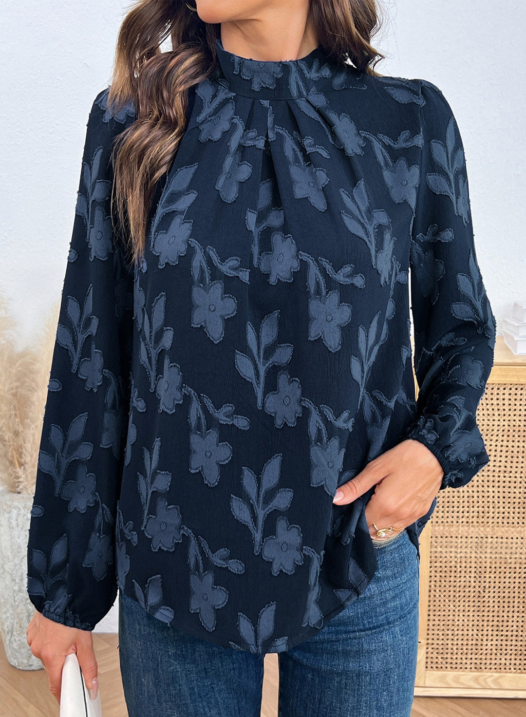 Dokotoo Womens Tops Mock Neck Pleated Floral Burnout Long Sleeve Shirts