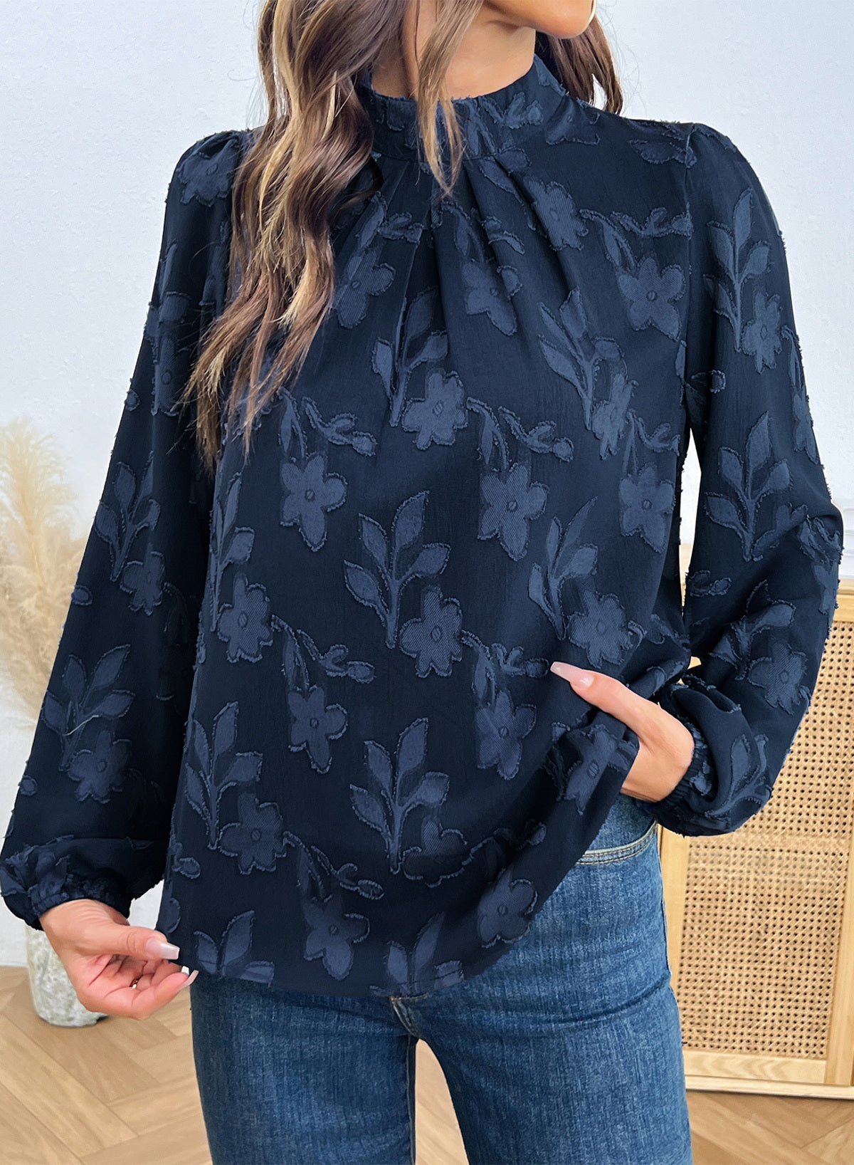 Dokotoo Womens Tops Mock Neck Pleated Floral Burnout Long Sleeve Shirts