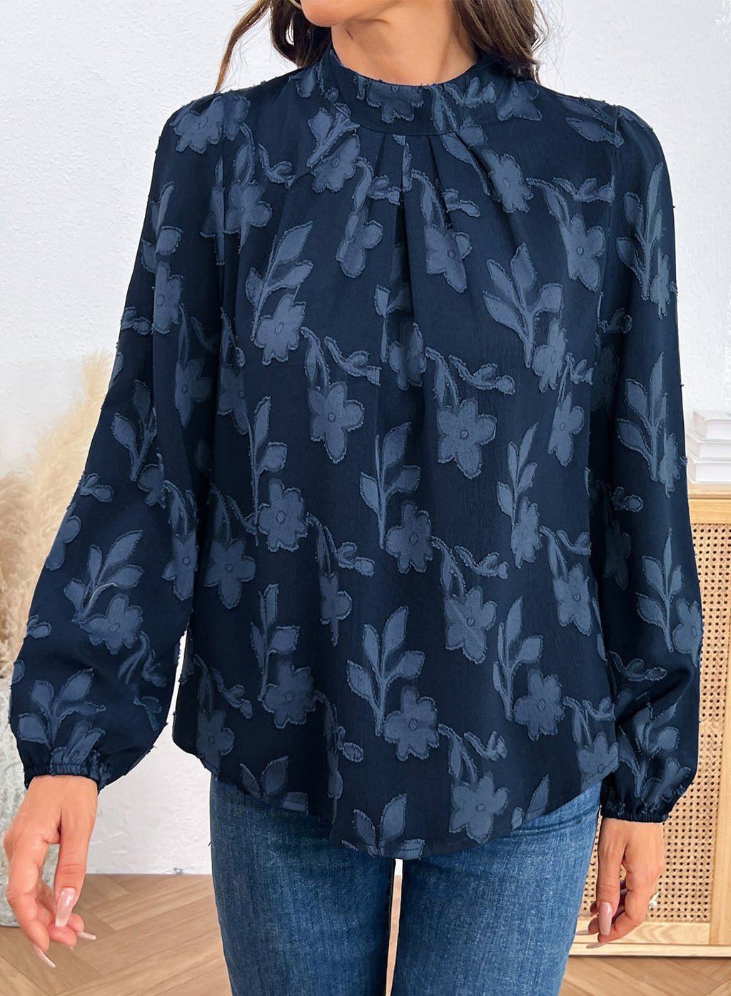 Dokotoo Womens Tops Mock Neck Pleated Floral Burnout Long Sleeve Shirts