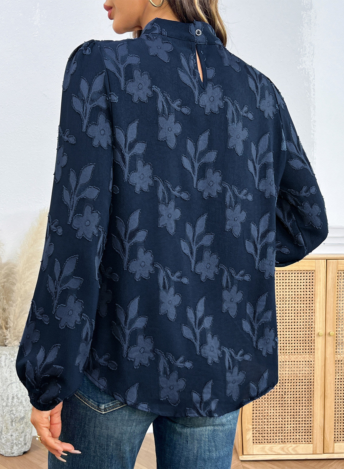 Dokotoo Womens Tops Mock Neck Pleated Floral Burnout Long Sleeve Shirts