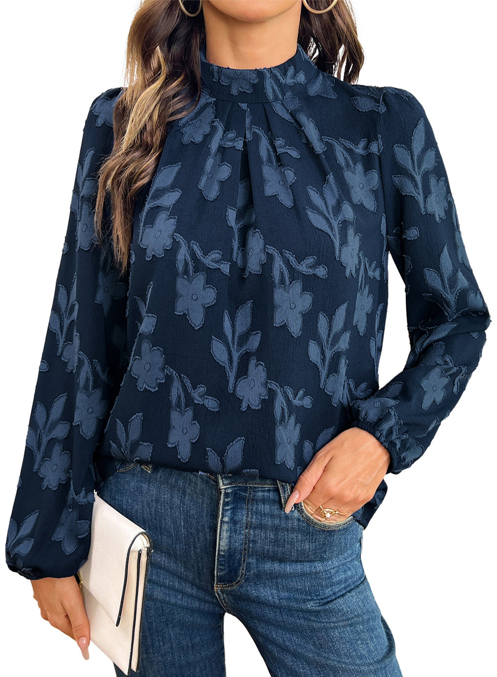 Dokotoo Womens Tops Mock Neck Pleated Floral Burnout Long Sleeve Shirts