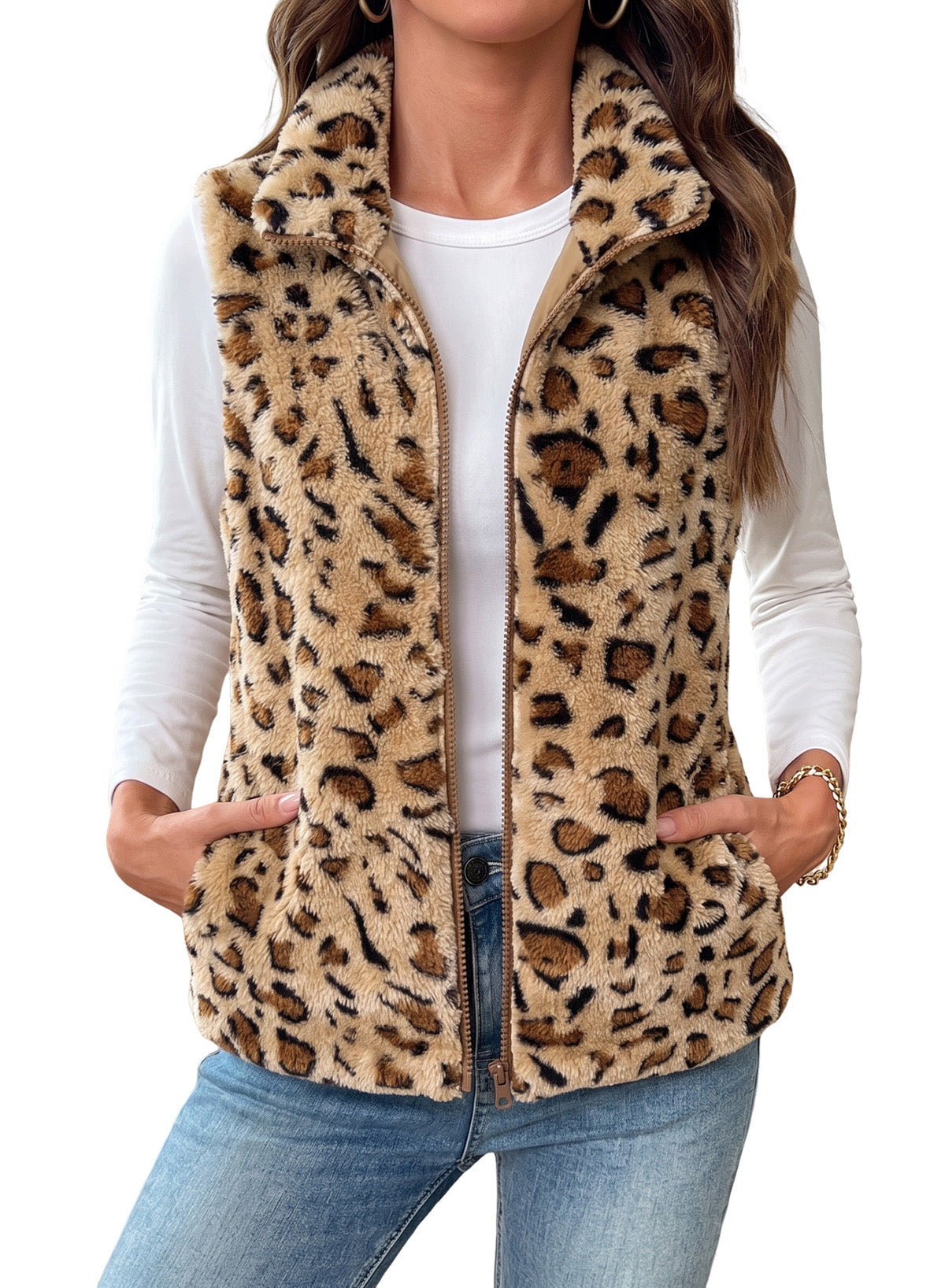 Dokotoo Womens Fleece Vest Zip Up Cow Print Sherpa Sleeveless Jacket