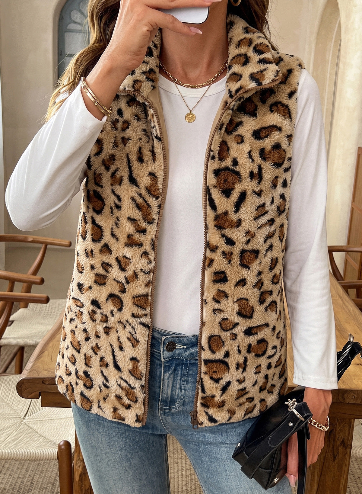 Dokotoo Womens Fleece Vest Zip Up Cow Print Sherpa Sleeveless Jacket