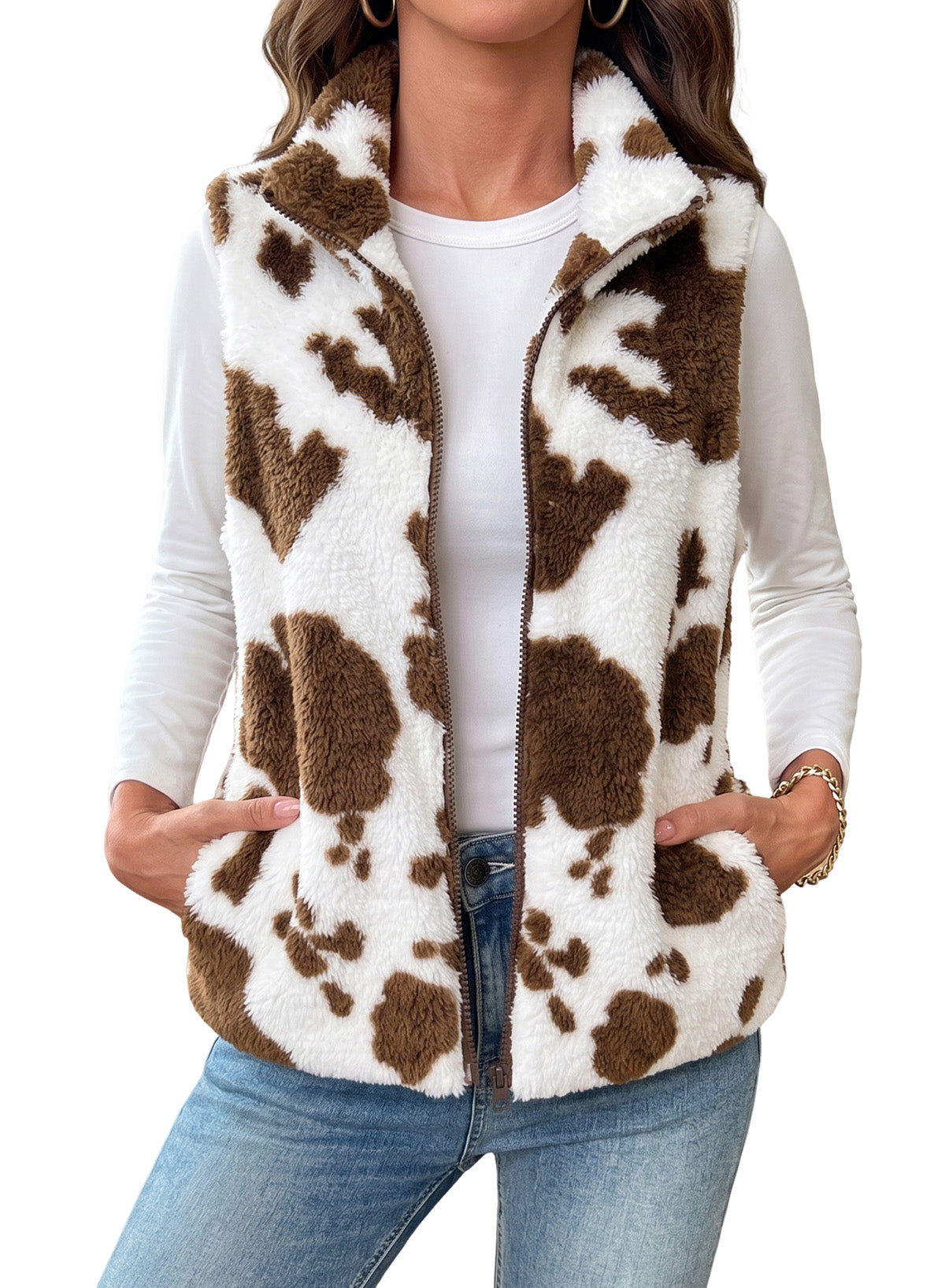 Dokotoo Womens Fleece Vest Zip Up Cow Print Sherpa Sleeveless Jacket