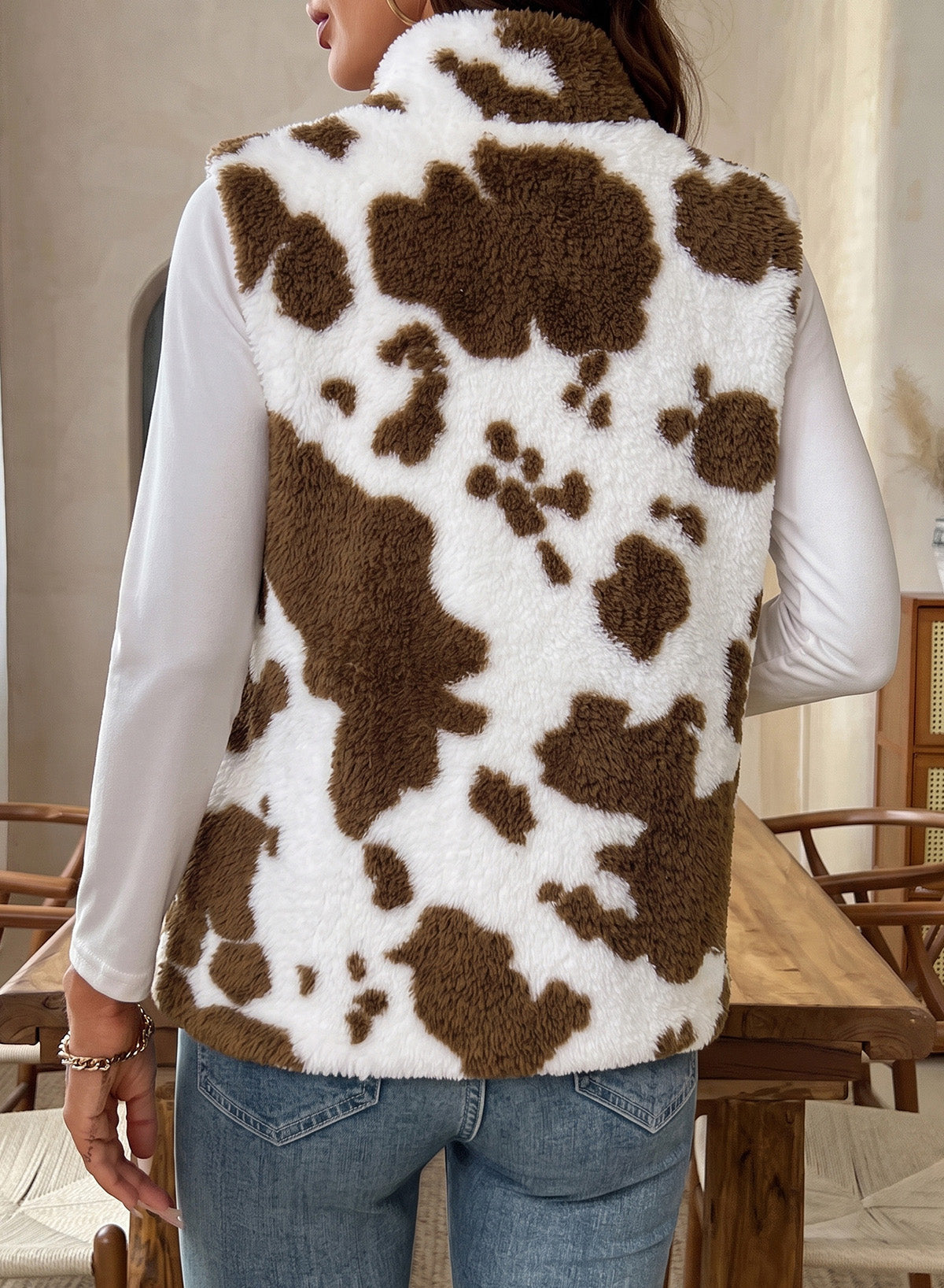 Dokotoo Womens Fleece Vest Zip Up Cow Print Sherpa Sleeveless Jacket