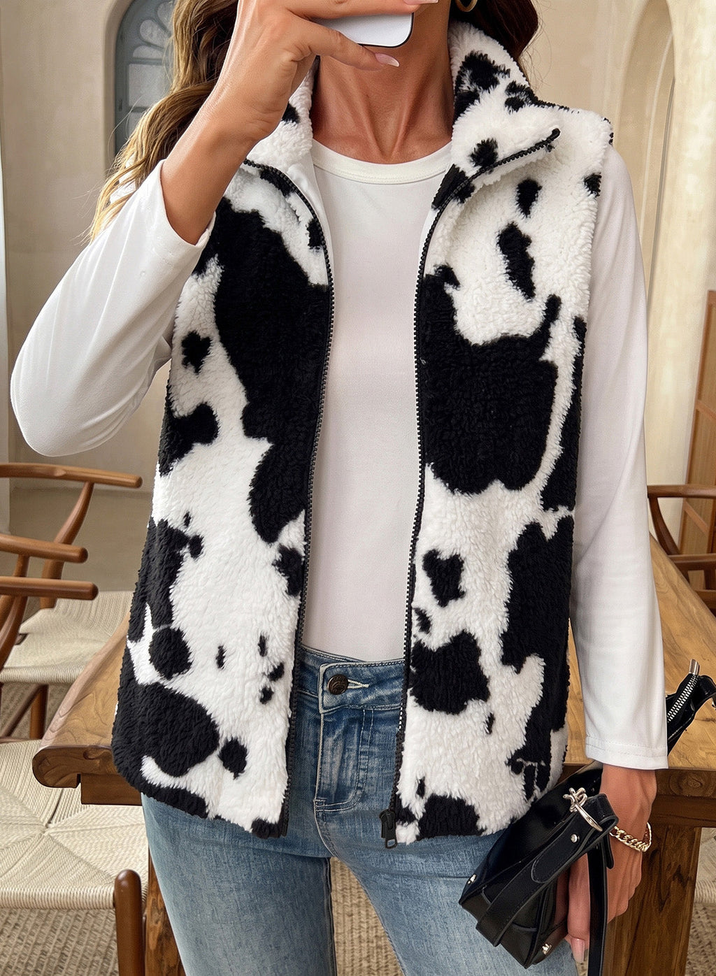 Dokotoo Womens Fleece Vest Zip Up Cow Print Sherpa Sleeveless Jacket