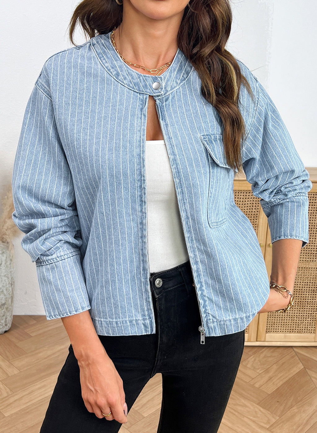 Dokotoo Women's Striped Denim Jacket 2026 Fall Zipper Button Jeans Coats
