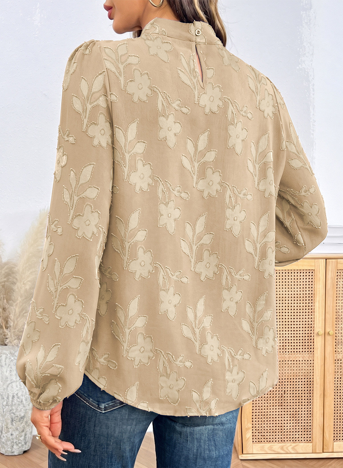 Dokotoo Womens Tops Mock Neck Pleated Floral Burnout Long Sleeve Shirts