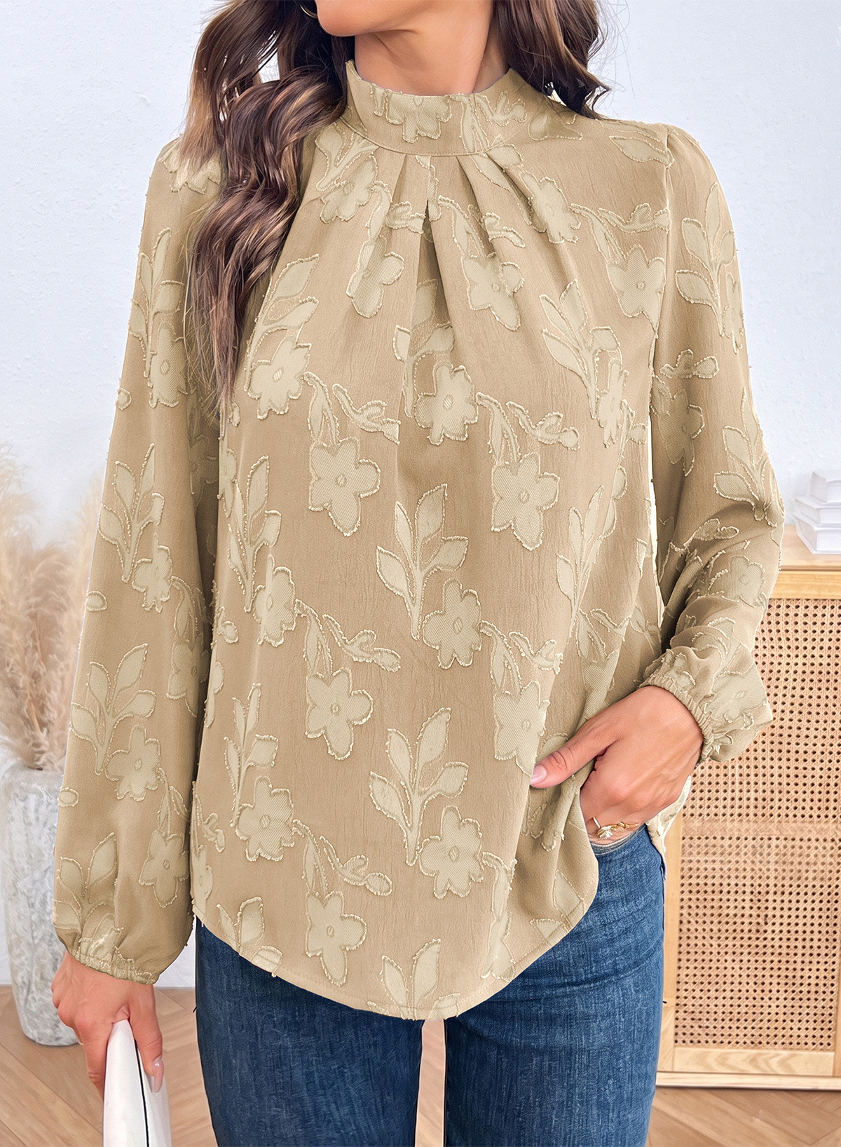 Dokotoo Womens Tops Mock Neck Pleated Floral Burnout Long Sleeve Shirts