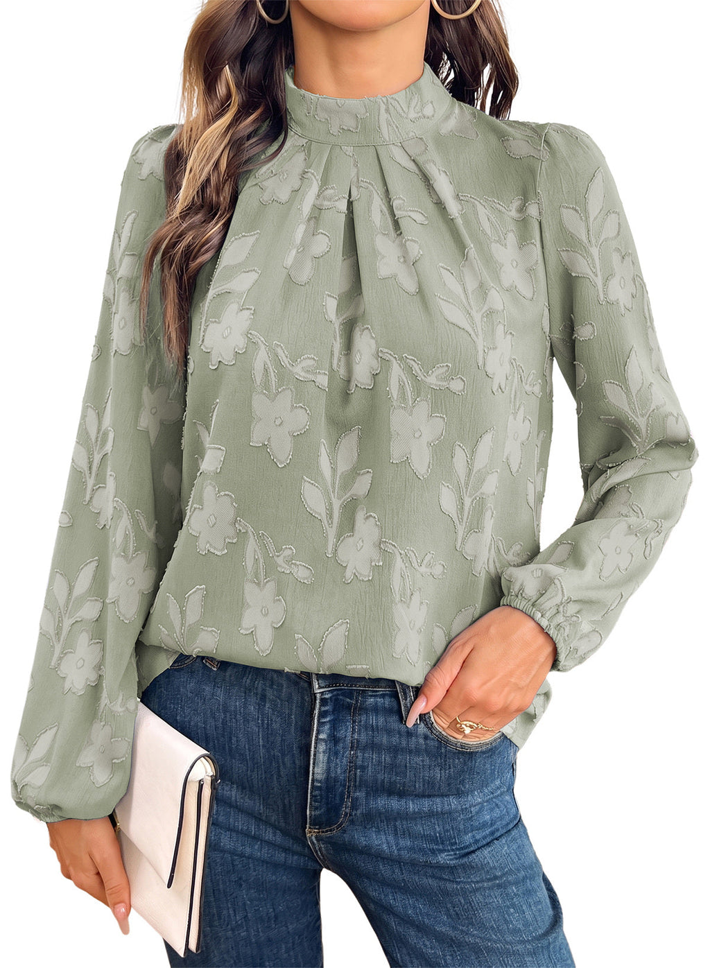 Dokotoo Womens Tops Mock Neck Pleated Floral Burnout Long Sleeve Shirts